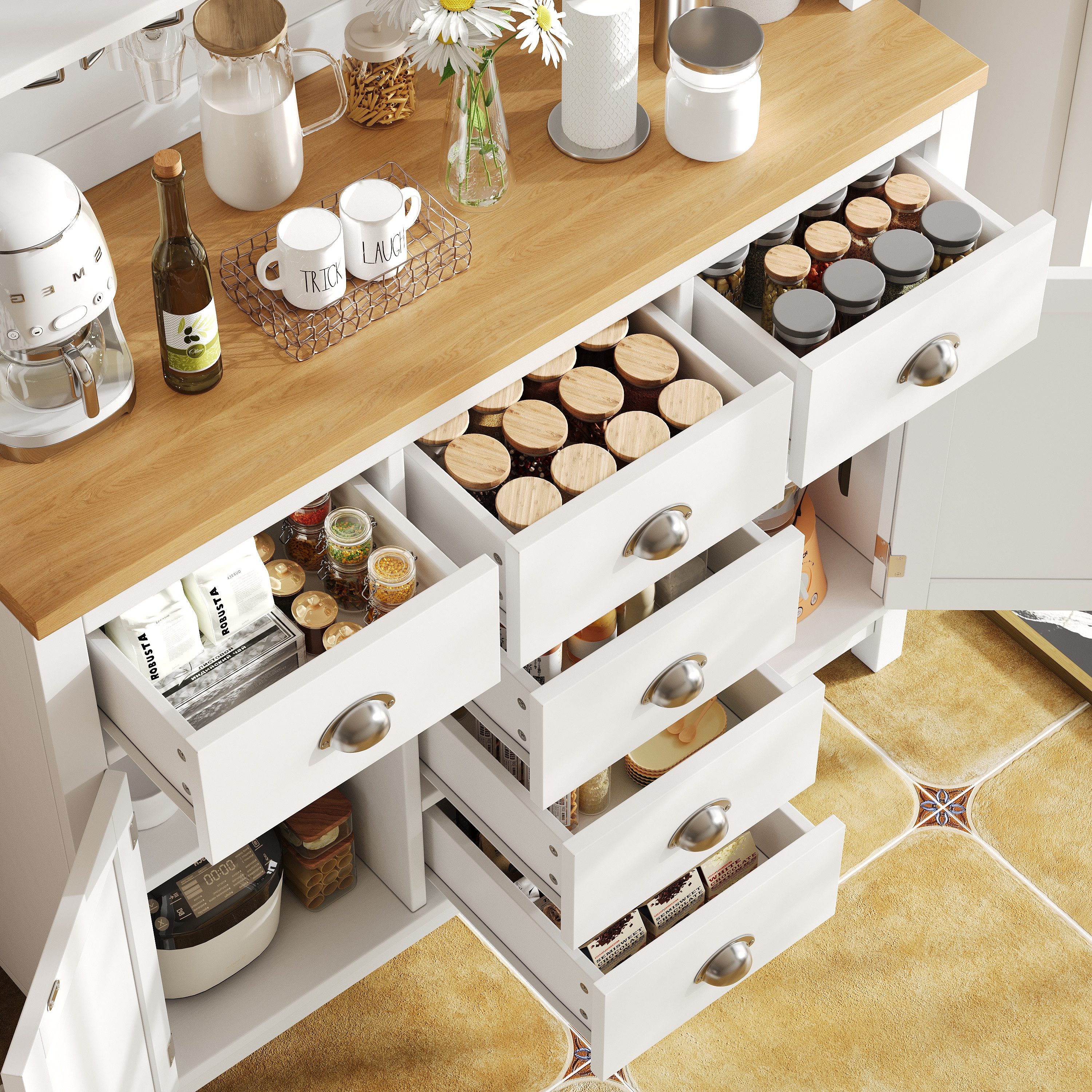 Odikalo Küchenbuffet Küchenschrank Buffetschrank mit LED-Lichtleiste & Getränkehaltern (Seitenboard / Aufbewahrungsschrank / Küchenschrank / Buffetschrank, 104x40x180cm, Landhausstil, 4 Türen, Grün/Weiß)