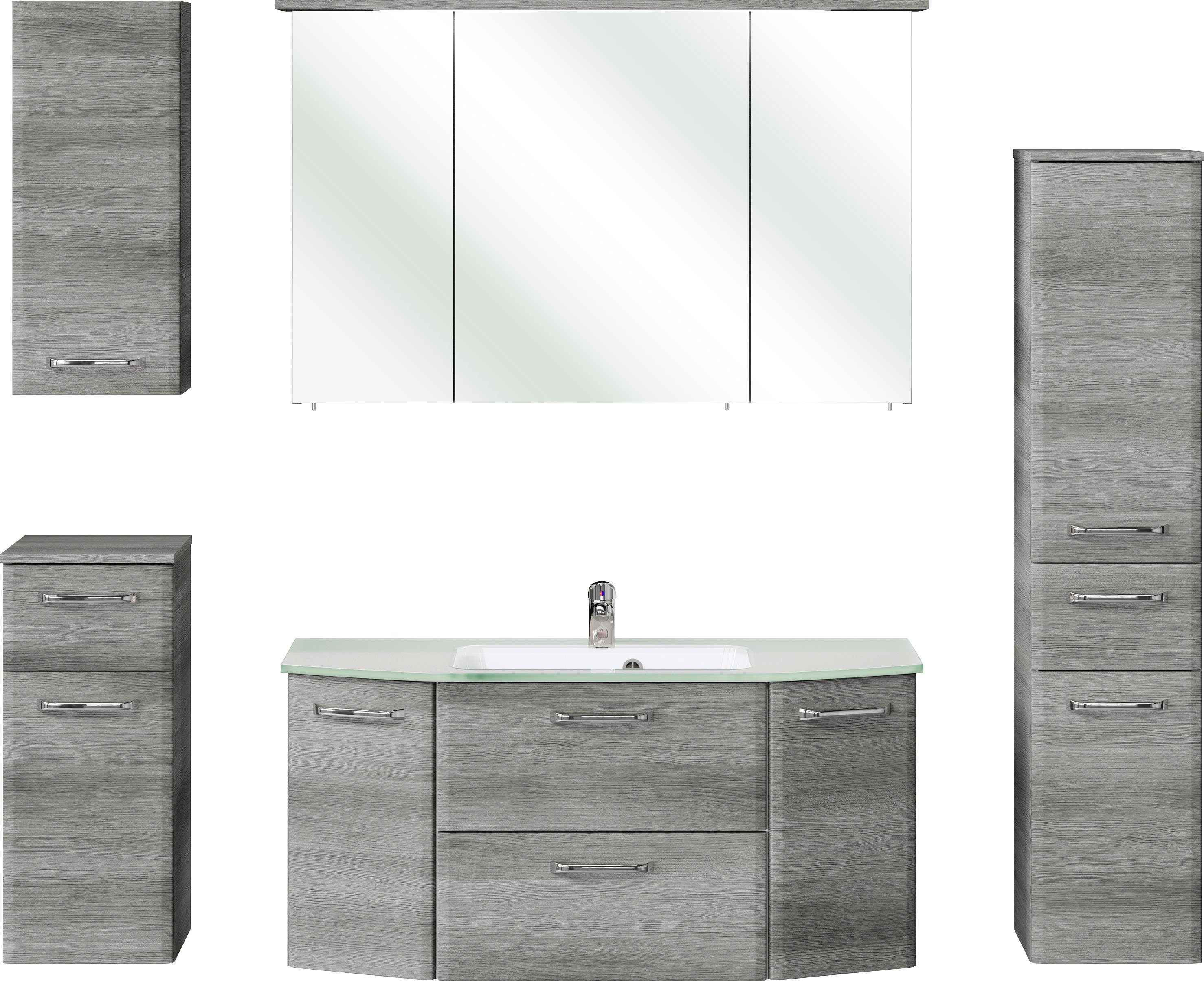 Saphir Badmöbel-Set Quickset 5-teilig Glas-Waschtisch mit LED-Spiegelschrank, Bad-Set, (6-St), Midischrank, Unterschrank, Hängeschrank, inkl. Türdämpfer, 9 Türen