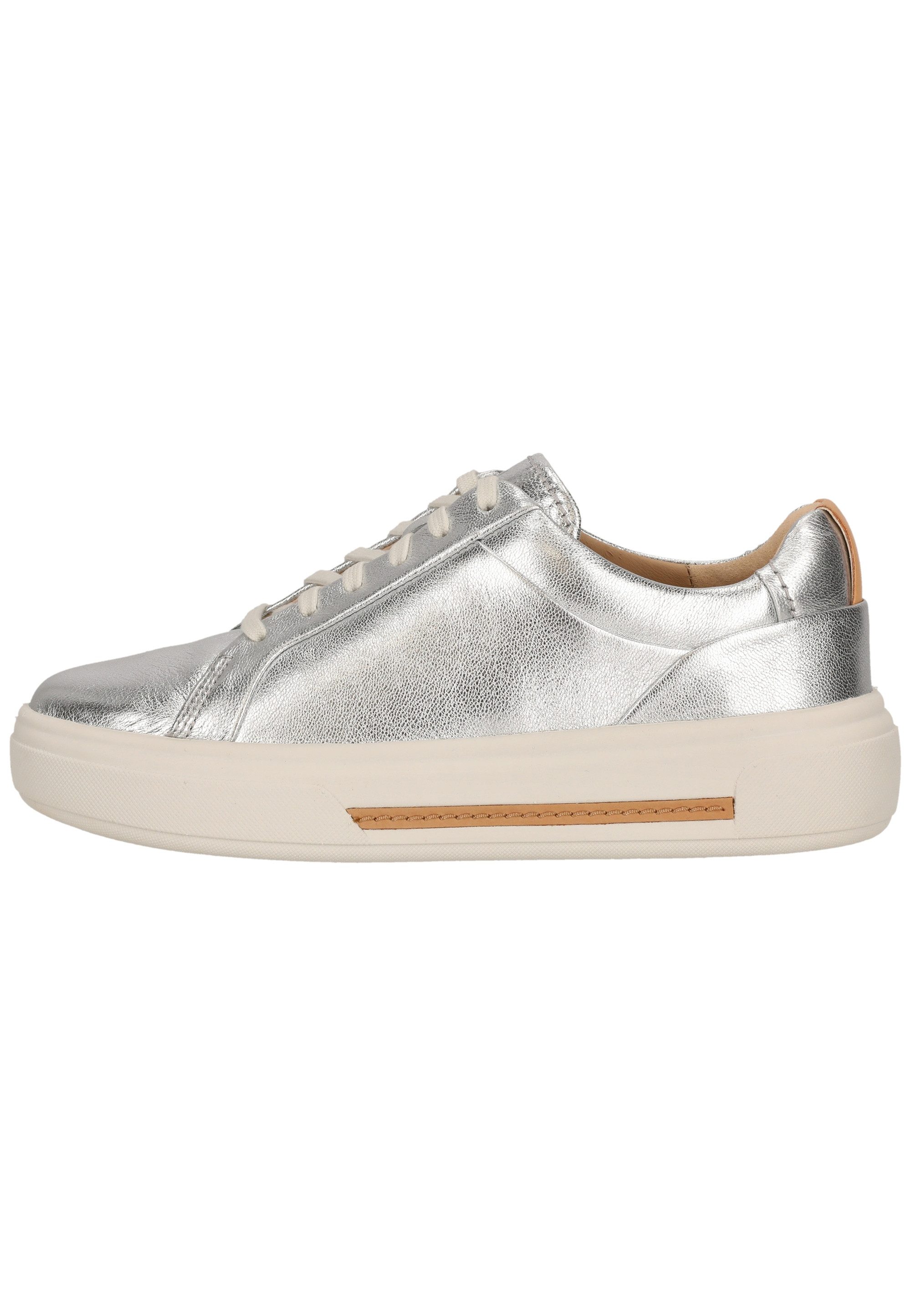 Clarks Hollyhock Walk Silver Leather Sneaker mit schimmernder Optik