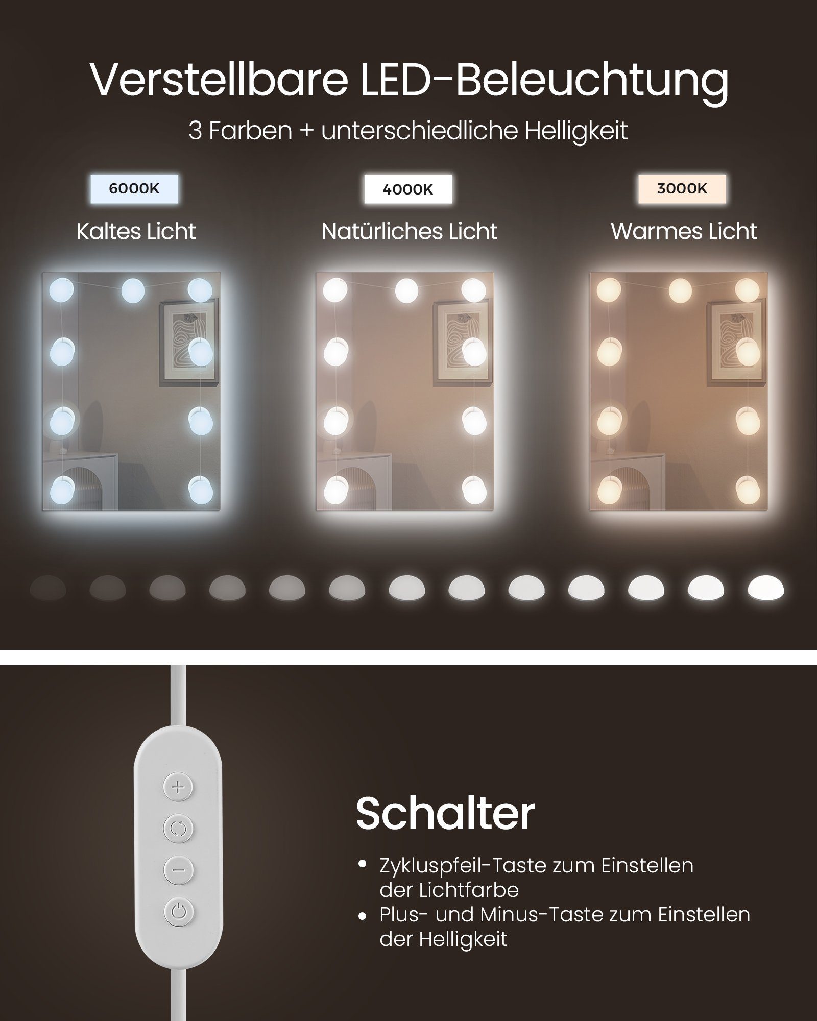 VASAGLE Schminktisch mit Beleuchtung, einstellbare Helligkeit, 40 x 90 x 144,7 cm, Frisiertisch mit Spiegel, verstellbare Ablagen, modern, wolkenweiß