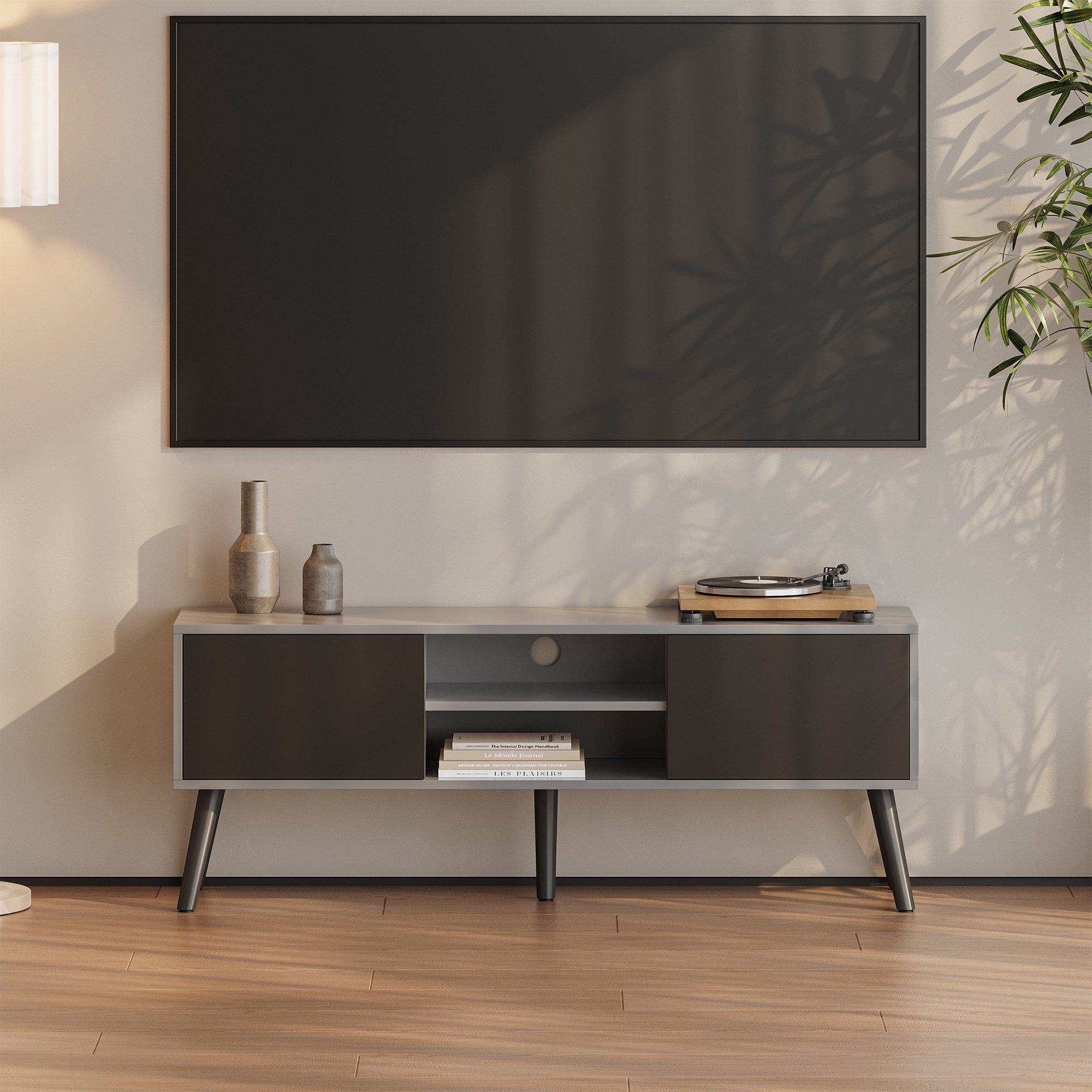 en.casa Lowboard, »Eskilstuna« Fernsehtisch 120x29,5x46,5cm Hellgrau / Schwarz