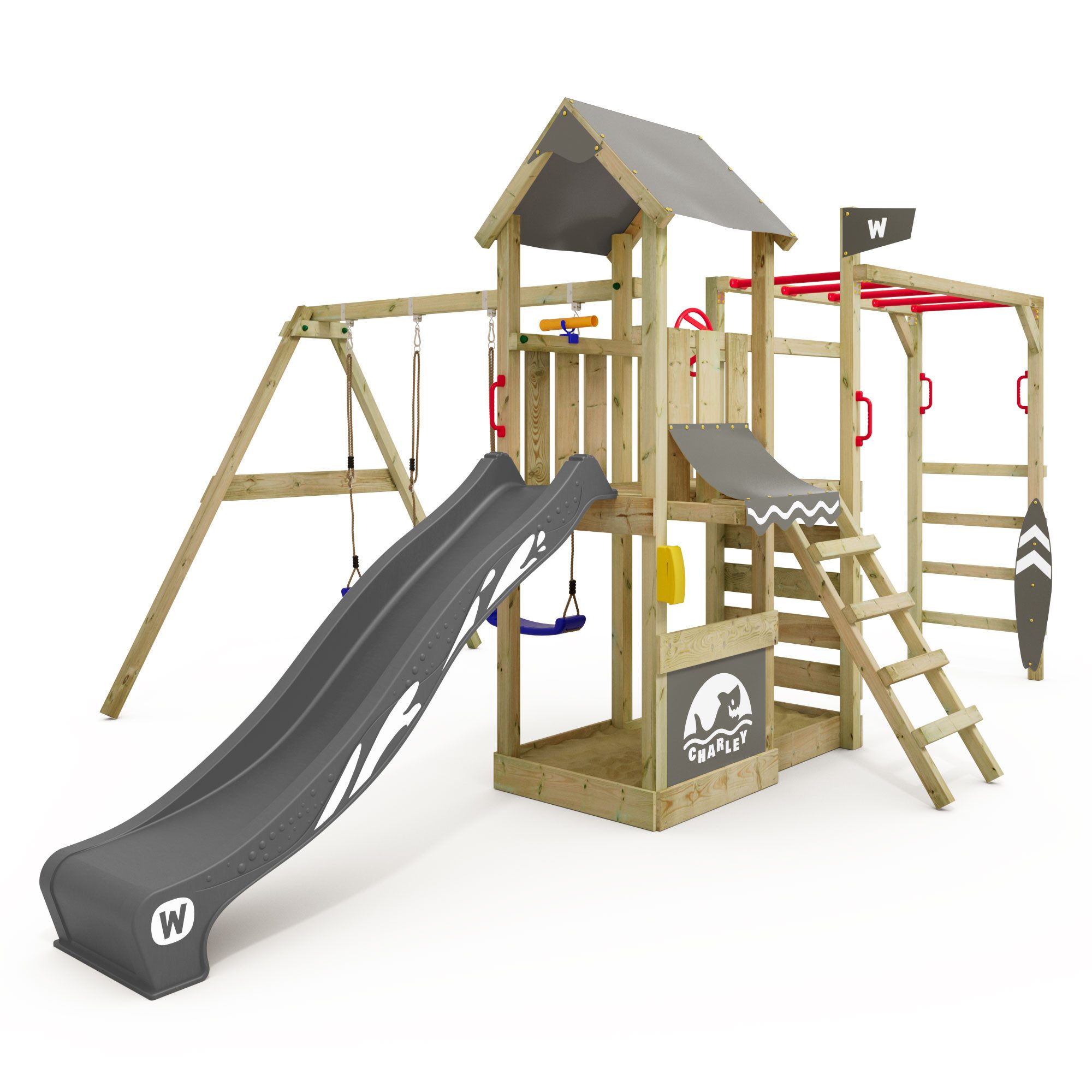 Wickey Klettergerüst Smart Baboon mit Schaukel, Kletteranbau & Rutsche, (Garten-Spielturm im Surfdesign für aktive Kinder, Abenteuer-Spielhaus mit Leiter, Seil & Rutsche), Wetterfestes Holz & sichere Konstruktion mit 10 Jahren Garantie*