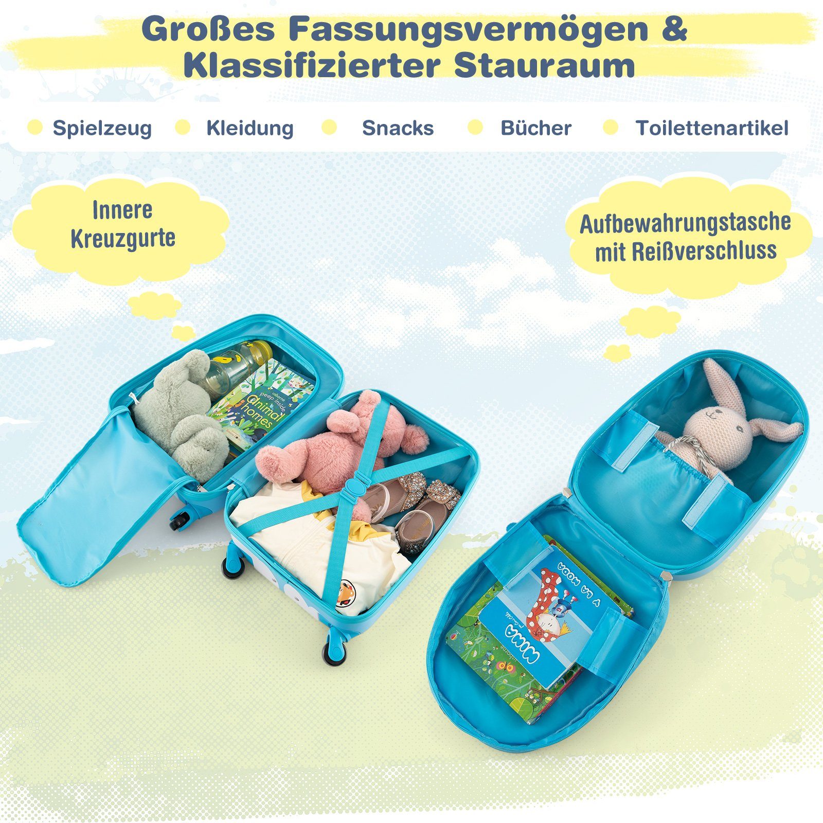 Kinderkoffer COSTWAY Rucksack, Einhorn mit blau Kindertrolley 12"+16"