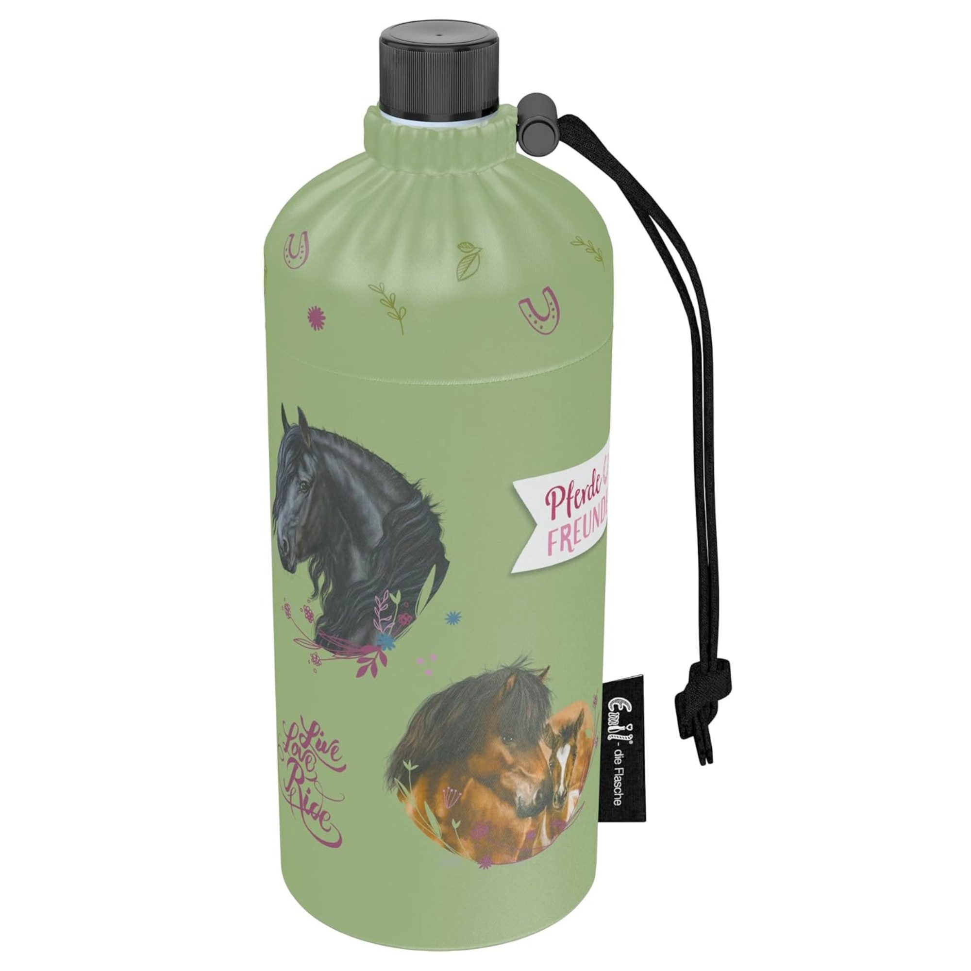 Emil Trinkflasche Pferdefreunde© Trinkflasche für Kinder, Auslaufsicher, BPA-Frei, Bruchsicher, Flasche aus Glas, 600ml