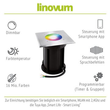 linovum Gartenstrahler Smarte LED Bodeneinbaustrahler BOQU eckig & gebuerstet dimmbar RGB, Leuchtmittel inklusive