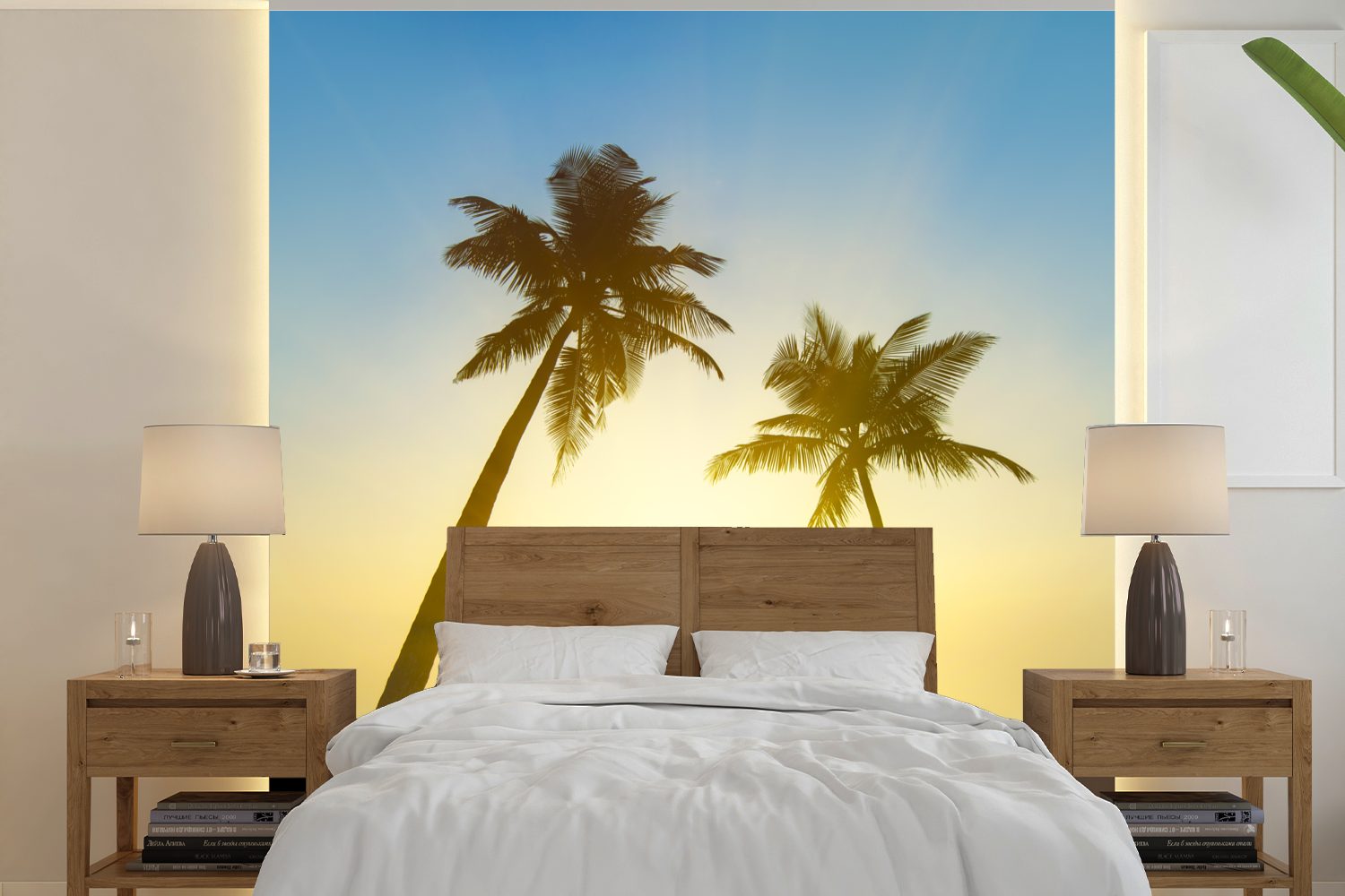 MuchoWow Fototapete Strand - Sonnenuntergang - Palmen, Matt, bedruckt, (5 St), Vinyl Tapete für Wohnzimmer oder Schlafzimmer, Wandtapete | Fototapeten