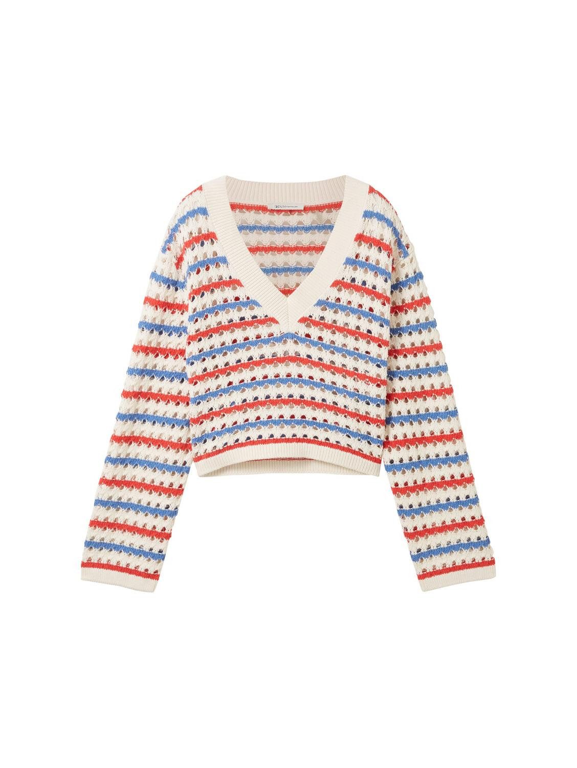 TOM TAILOR Denim Sweatshirt open knit pullover, blue red white stripe