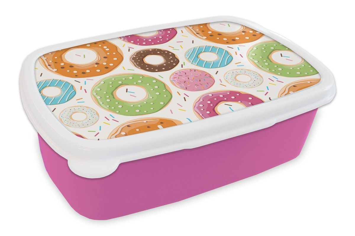 MuchoWow Lunchbox Teeny - Donut - Schnittmuster, Kunststoff, (2-tlg), Brotbox für Erwachsene, Brotdose Kinder, Snackbox, Mädchen, Kunststoff rosa