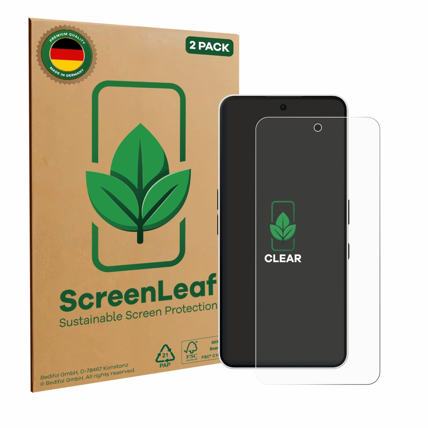 ScreenLeaf Displayschutzfolie Schutzfolie für Nothing Phone (3a), 2 Stück, nachhaltiger Displayschutz Schutz Folie Klar Transparent