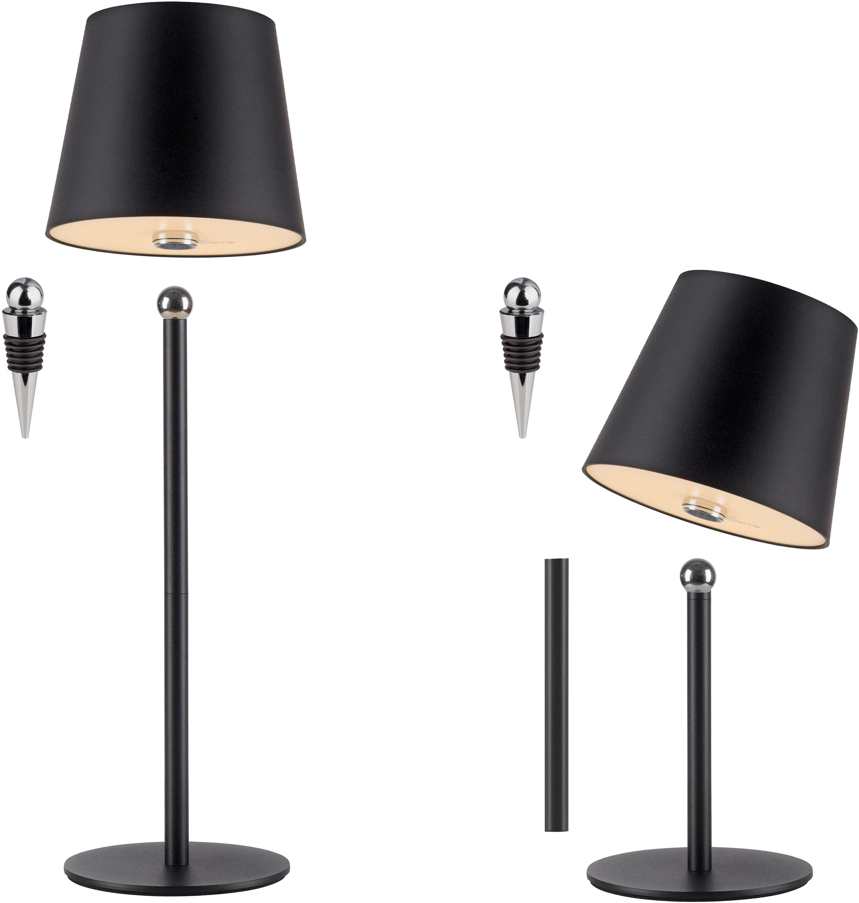 JUST LIGHT LED Tischleuchte BOTERIA - Set 2 Stück, inkl. Flaschenaufsatz, Memoryfunktion, LED fest integriert, Warmweiß, Akkubetrieben, aufladbar, magnetisch, dimmbar, In- und Outdoor