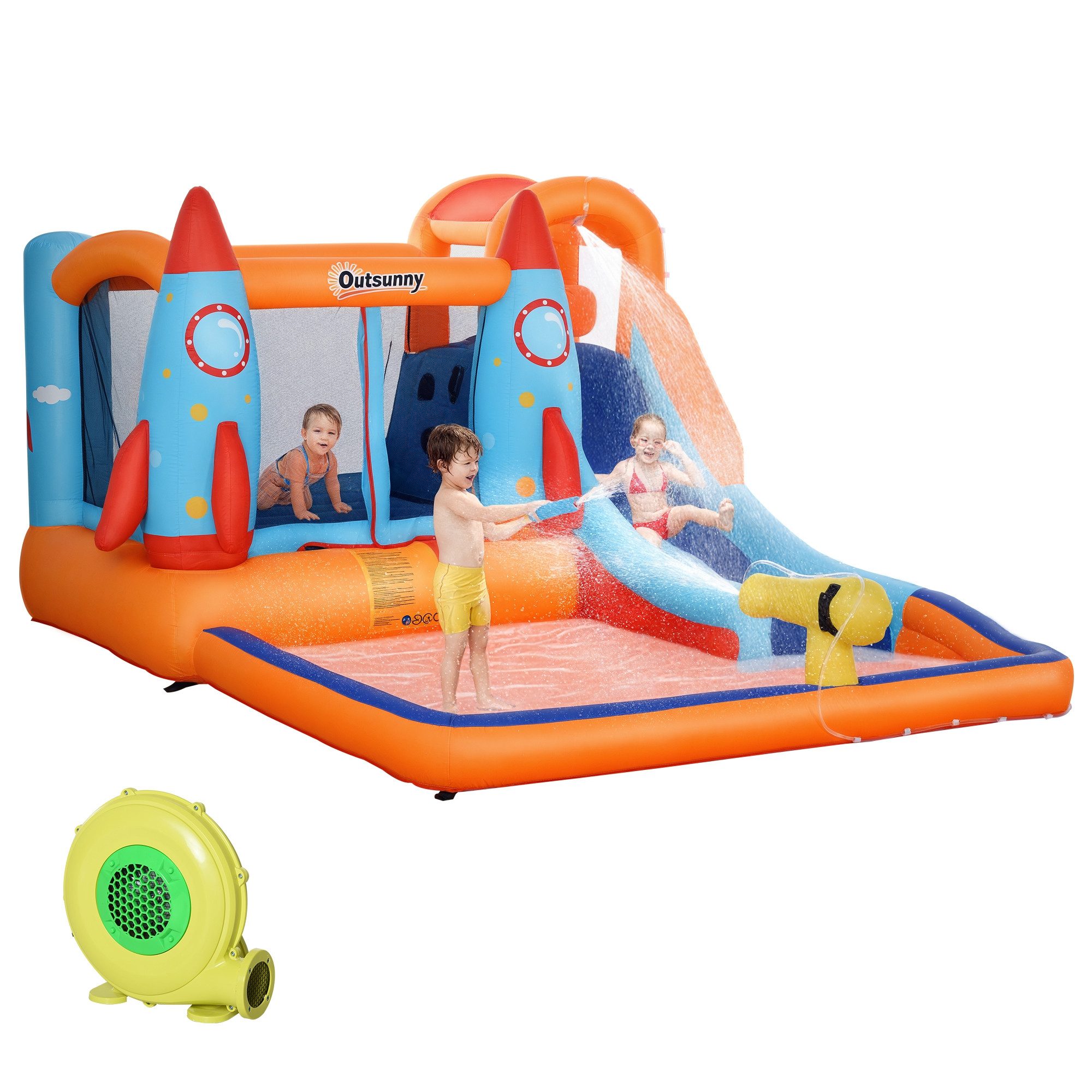 Outsunny Hüpfburg Aufblasbare Burg mit Rutsche für 4 Kinder, (Spielburg, 1-tlg., Springburg), Mehrfarbig 350 x 250 x 185 cm