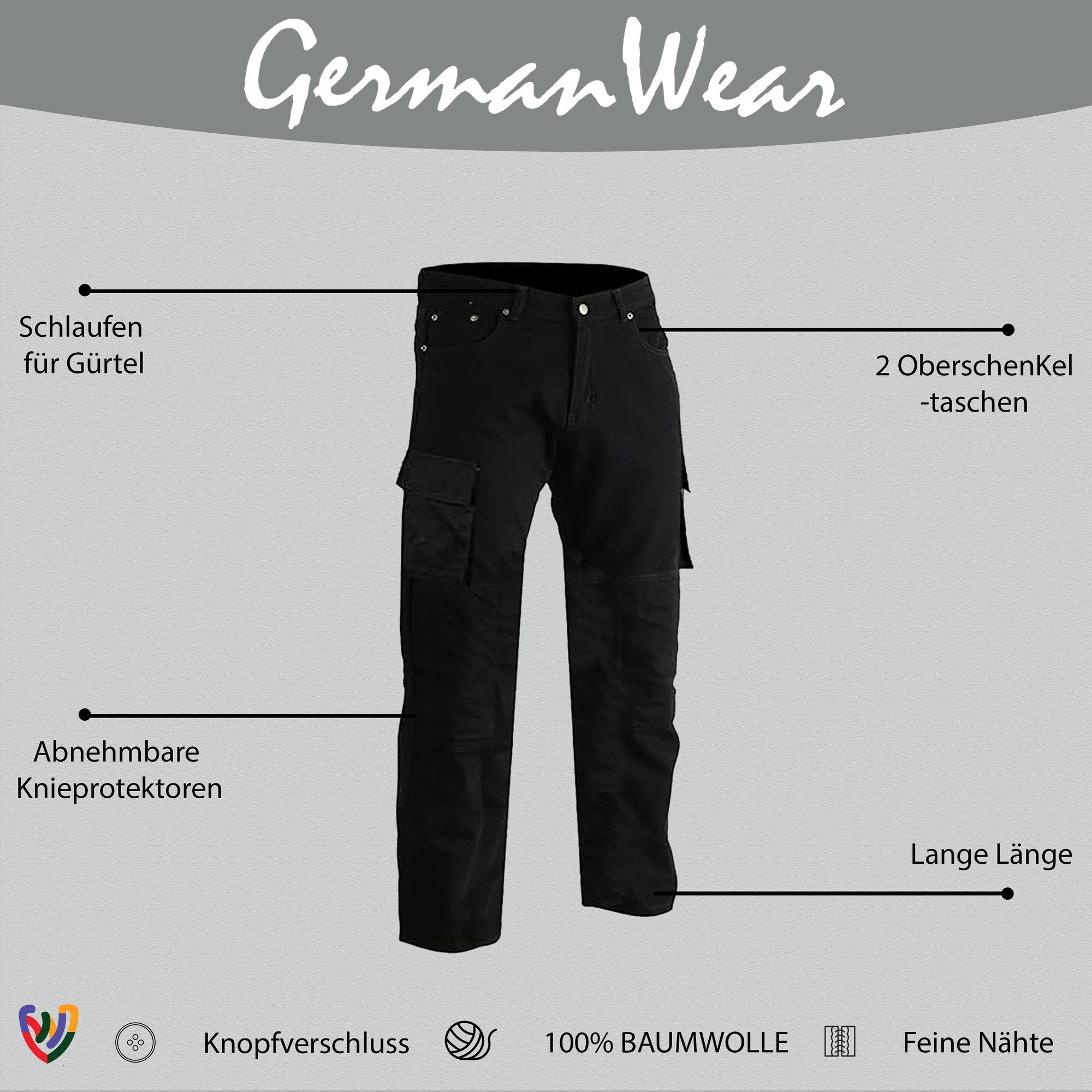 German Wear Motorradhose JEANS-003 Motorradjeans Biker Cargohose mit Schutz Aramidstoff & CE-Protektoren