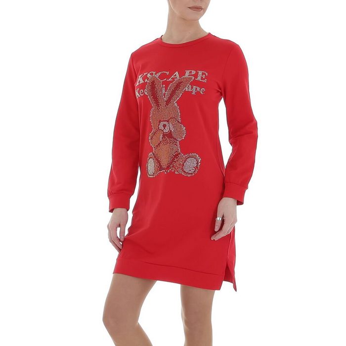 Ital-Design Shirtkleid Damen Freizeit Strass Textprint Stretch Minikleid in Rot