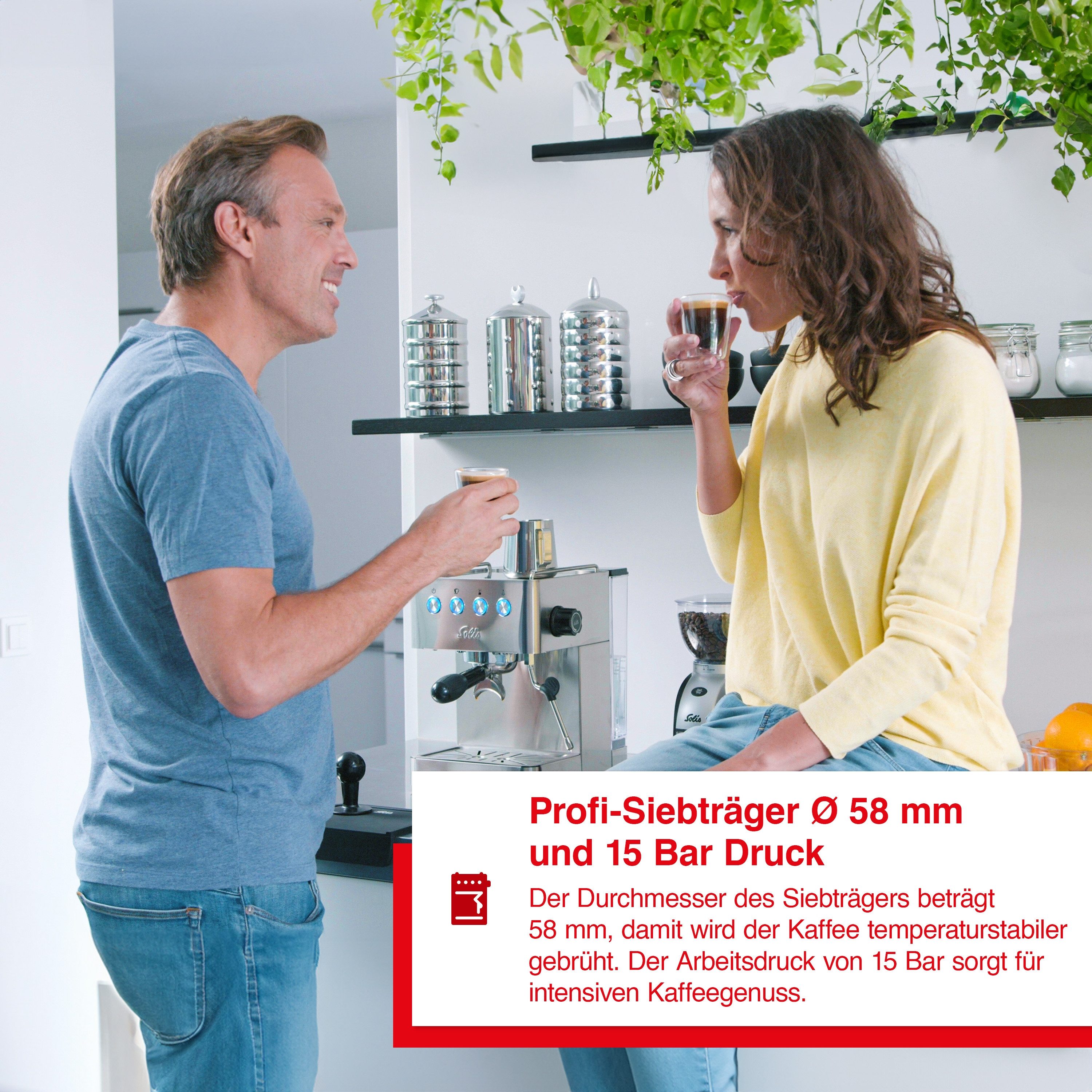SOLIS OF SWITZERLAND Siebträgermaschine, Siebträger 58 mm, 15 Bar Druck, 360 ° Heißwasserstab, Programmierbar