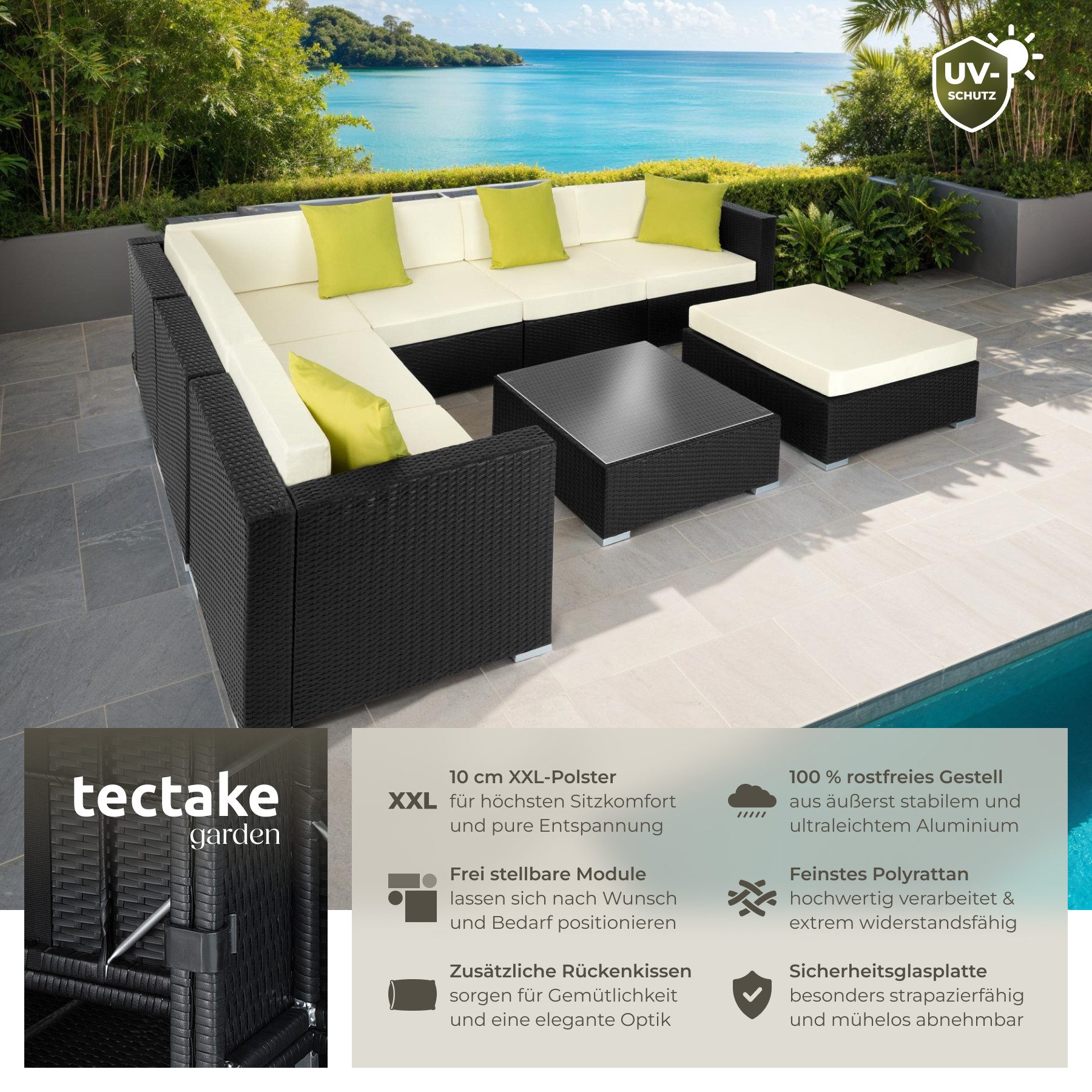 tectake Loungeset Rattan Sitzgruppe mit Sicherheitsglasplatte, 4 extra Kissen, (Gartenlounge-set Marbella, 8-tlg., geeignet für Outdoor in Schwarz), wetterfest und UV-beständig, Dicke der Polster 10 cm