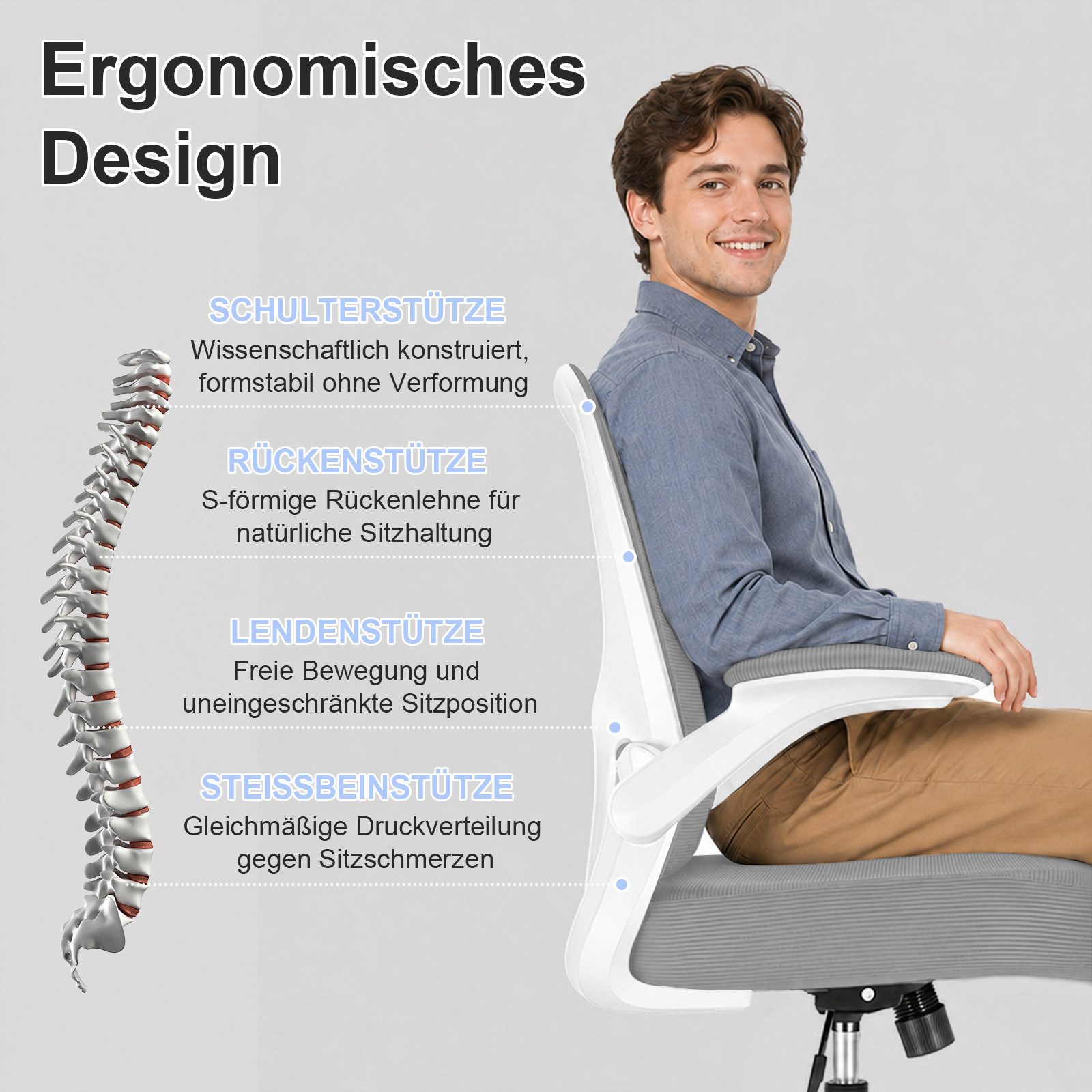 Durrafy Bürostuhl Ergonomischer Bürostuhl,Schreibtischstuhl mit klappbaren Armlehnen (Höhenverstellbarer Drehstuhl mit Wippfunktion bis 130°,Computerstuhl mit verstellbarer Lendenwirbelstütze und leisen Rollen), Chefsessel mit 150 kg Tragfähigkeit