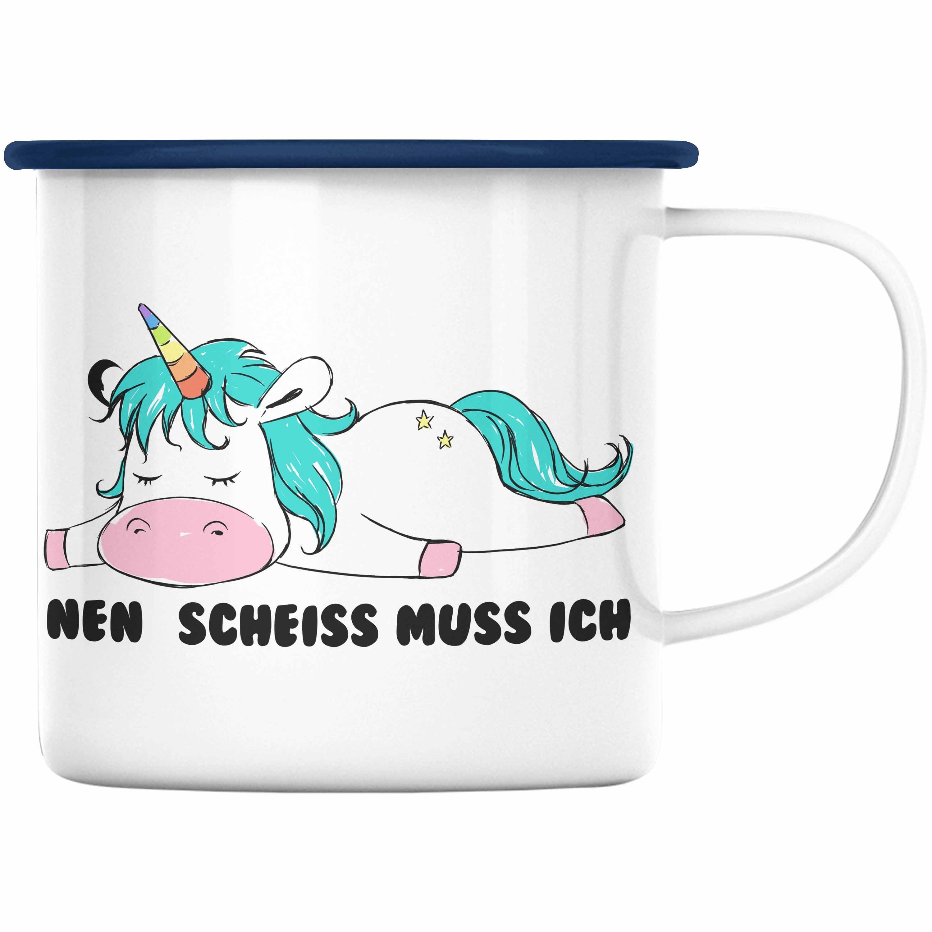 Trendation Thermotasse Trendation - Lustige Emaille Tasse Sarkastischer Spruch - Nen Scheiss Muss Ich - Einhorn Grafik Emaille Tassen für Kinder Frauen Freundin Geschenk Arbeitskollegin Blau