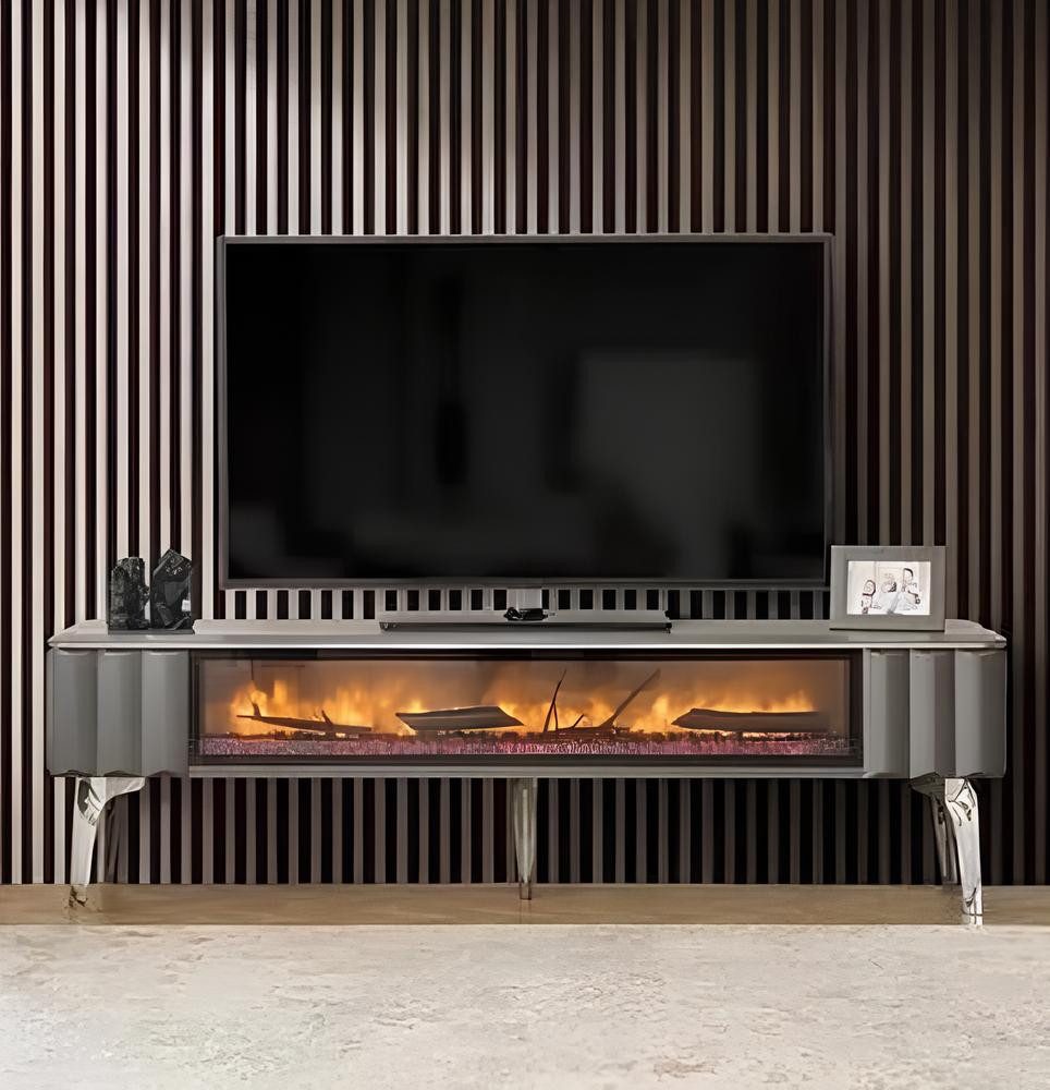 Xlmoebel TV-Board TV-Sideboard in Grau mit Kamin und Stauraum aus MDF und Metall (TV-Sideboard, 1 St., TV-Lowboard), Hergestellt in Europa