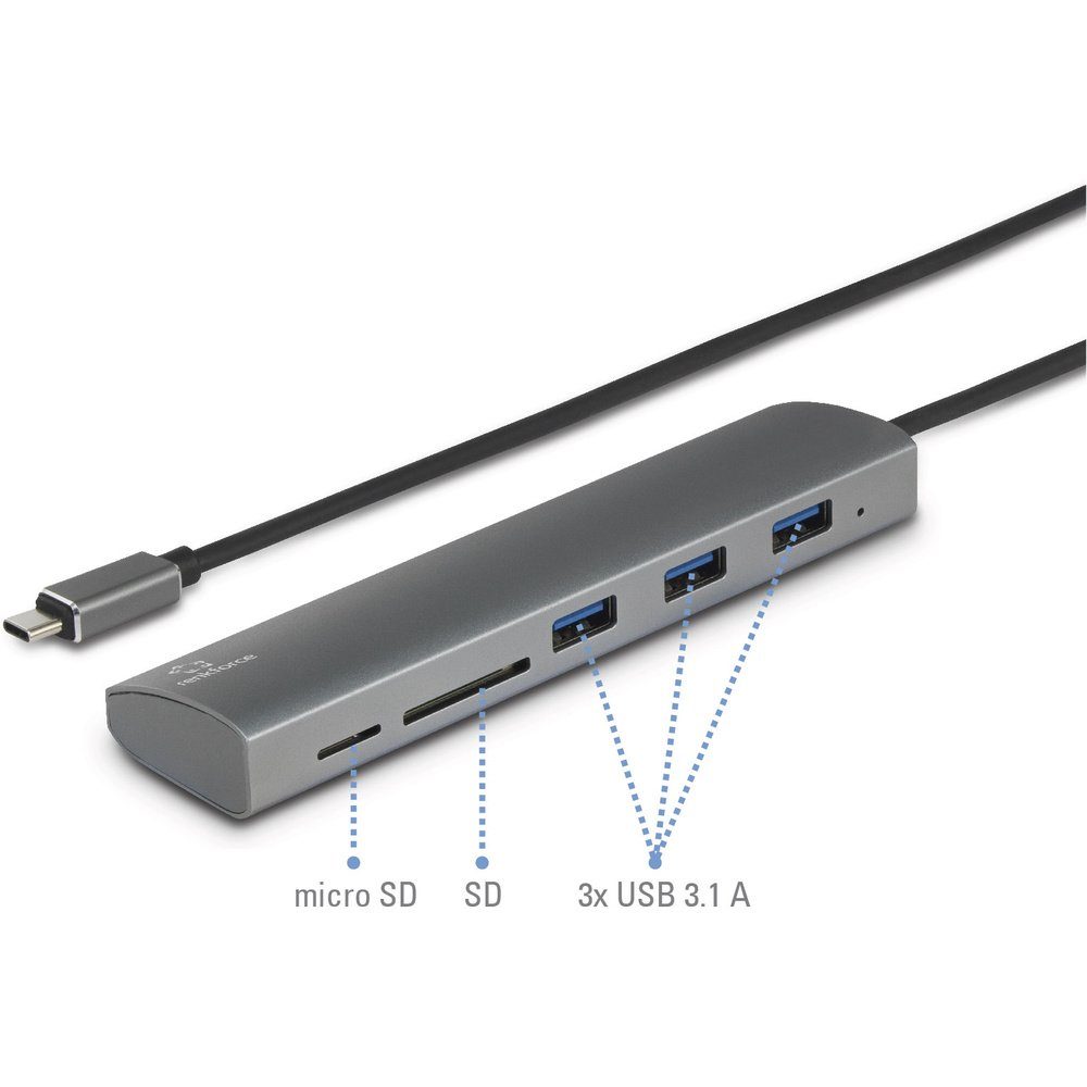 USB-Verteiler Renkforce 3 Port USB 3.2 Gen 1-Hub (USB 3.0) mit eingebautem SD-Karte