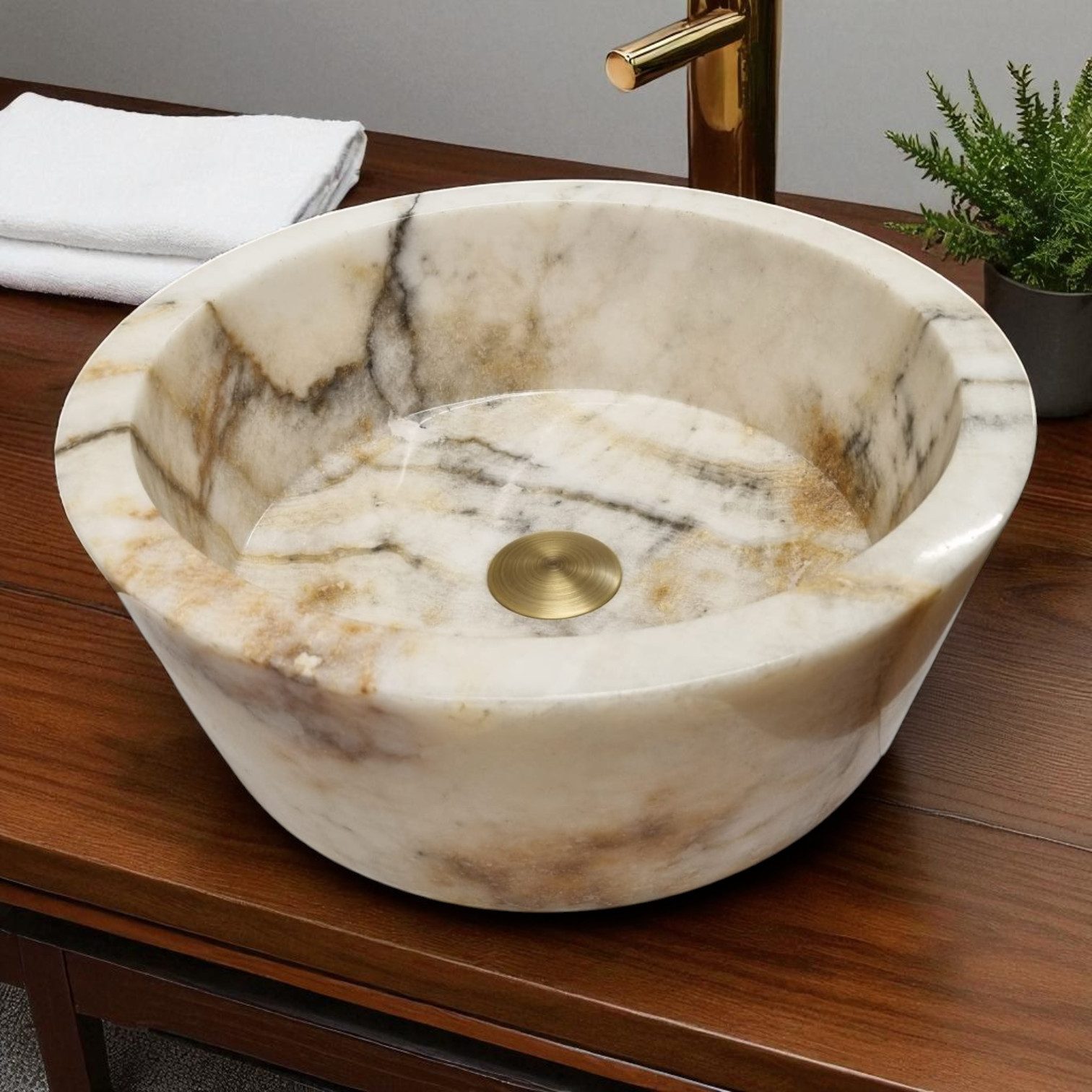 Kinaree Aufsatzwaschbecken Onyx-Marmor Waschbecken rund Naturstein Waschbecken Handwaschbecken, handgefertigt in Indonesien