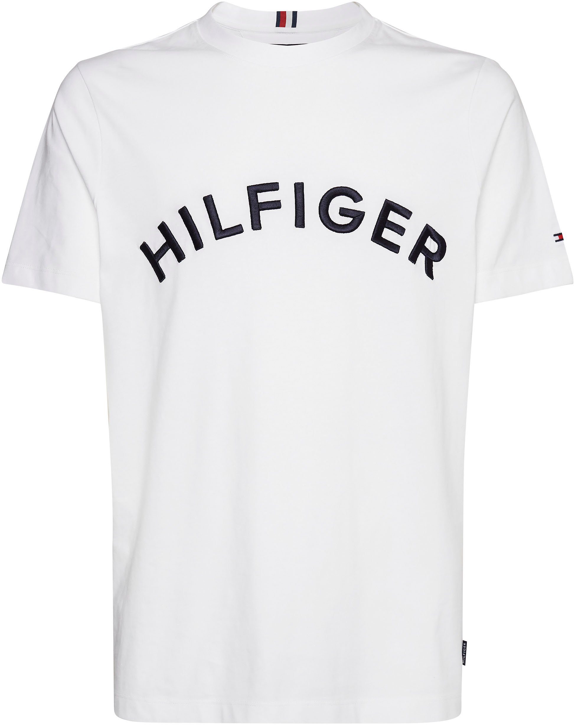 auf Rundhalsshirt der White mit 3D-Stickerei ARCHED HILFIGER Hilfiger Tommy TEE Brust