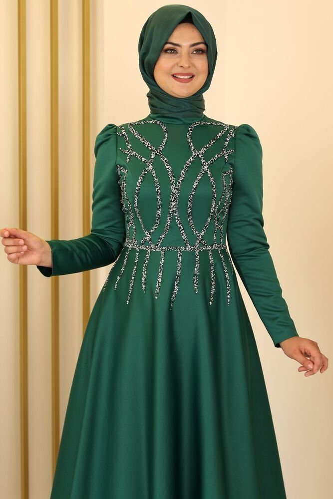 Modavitrini Satinkleid Smaragd-Grün Damen Abaya Abendkleid Schmucksteine mit Schmucksteinen Abiye Maxikleid