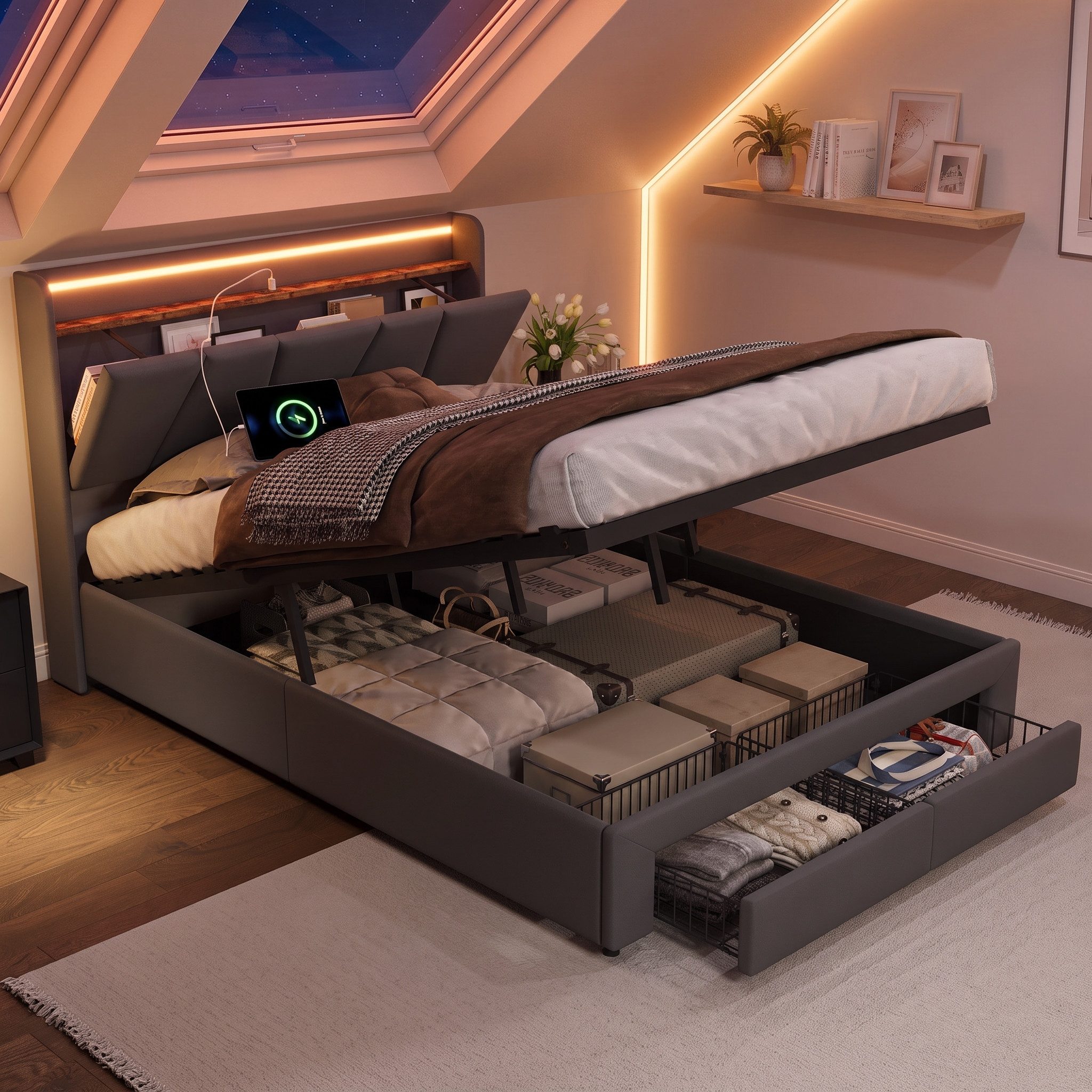 PXloue Stauraumbett Polsterbett mit Stauraum (Hochklappbares Bett 140x200 cm (USB-Ladeanschluss), 2 Schubladen, mit stabilem Lattenrost & gepolstertem Kopfteil