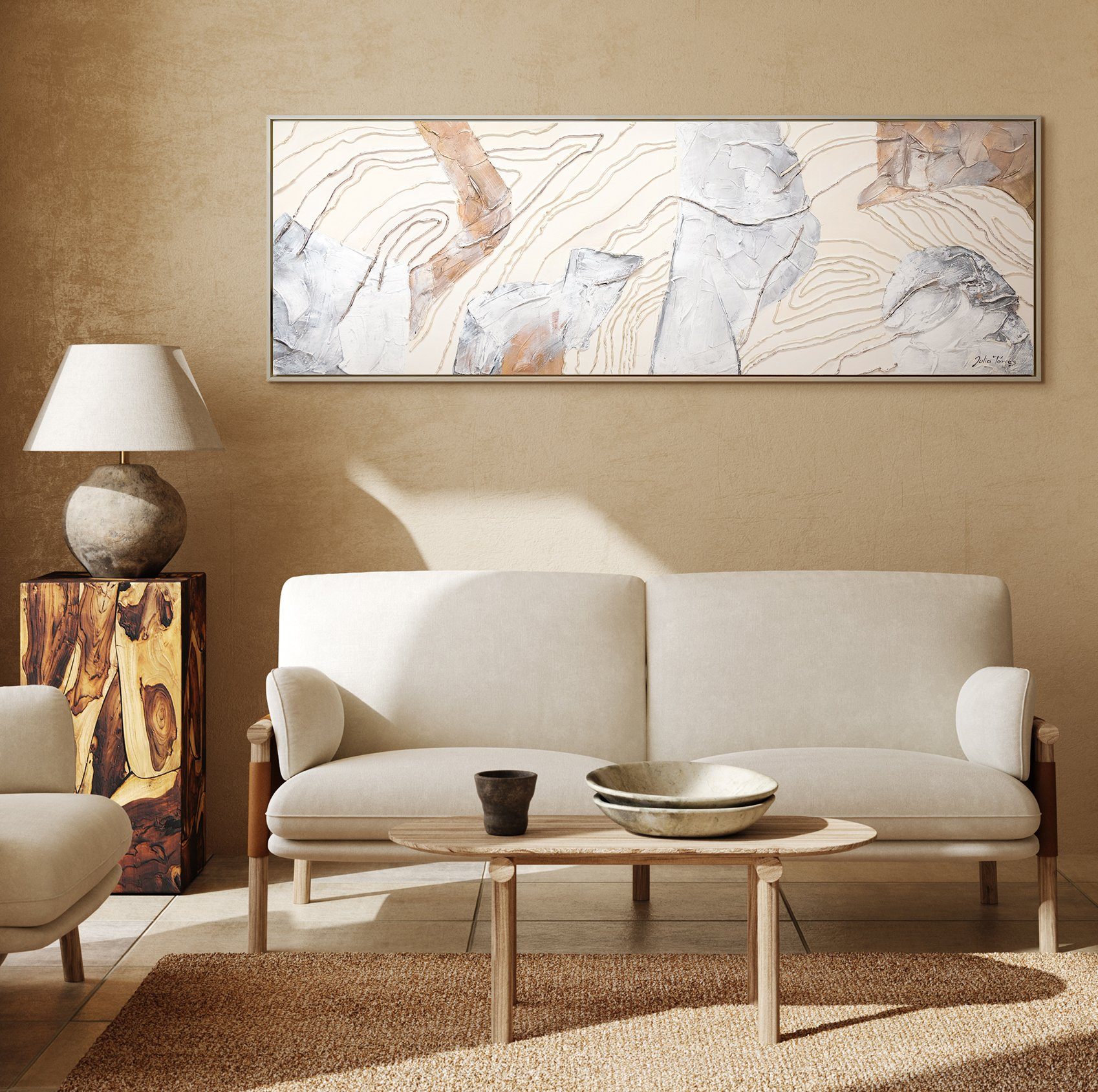 Gemälde Rahmen Braun Streifen Abstrakte YS-Art Beige Bild Mit Handgemalt Bilder, in Abstraktes Weiß Beige Sinfonie, Leinwand