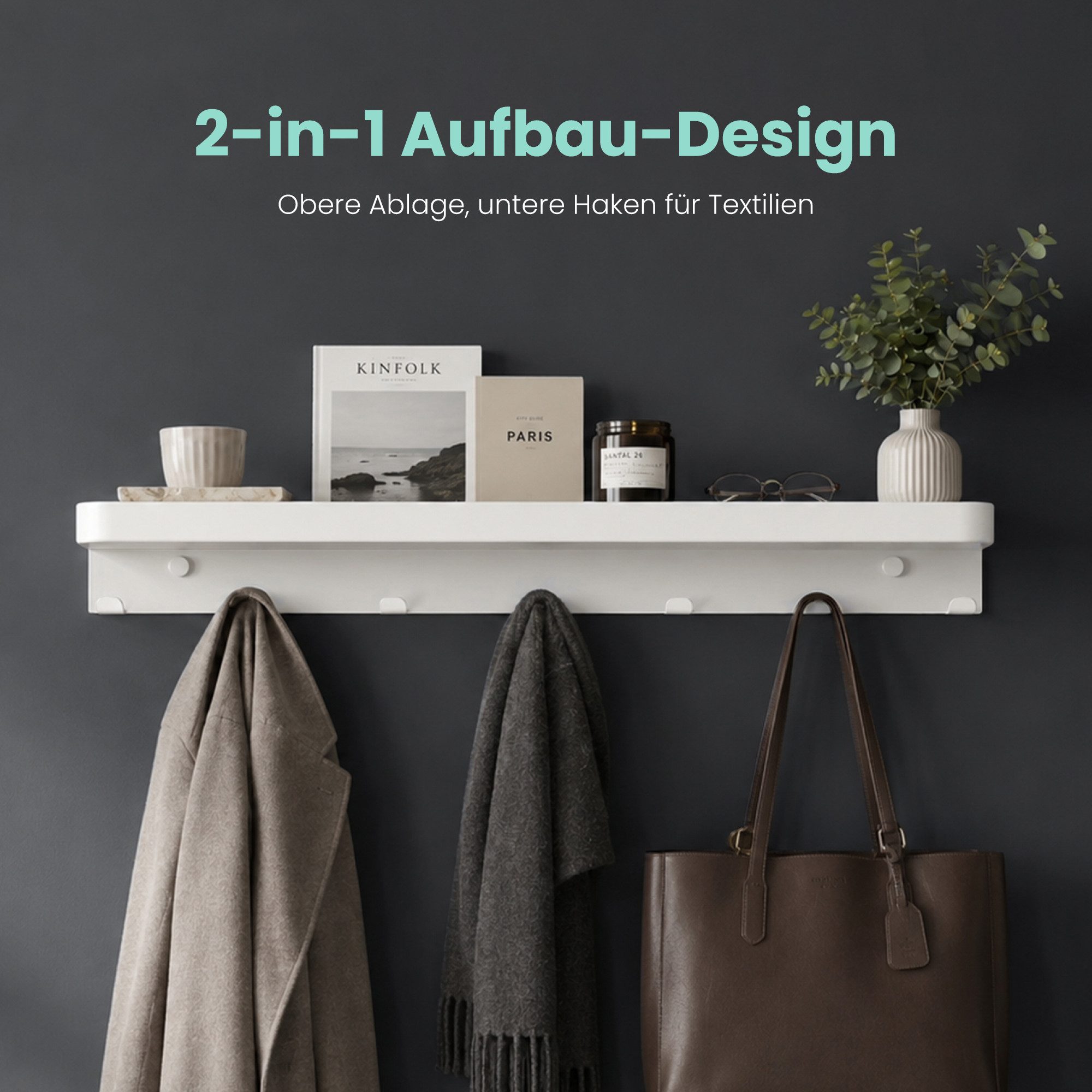 Mai & Mai Garderobenleiste Wandgarderobe mit Ablage Inkl.7 Garderobenhaken 50cm Reglo-20, Hakenleiste mit Ablage, Kleben oder Bohren, für Bad, Flur und Küche