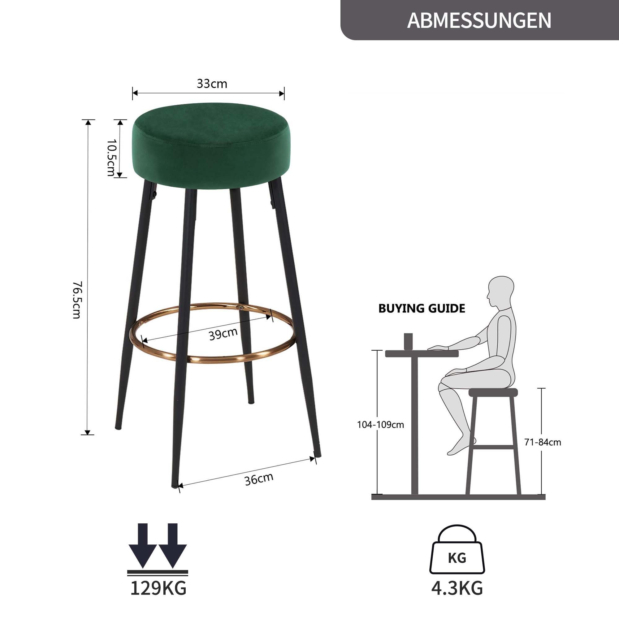 Dunkelgrün Set Metallbeine Duhome Samt Küchenhocker Tresenhocker Barstuhl Barhocker, Rund Barhocker