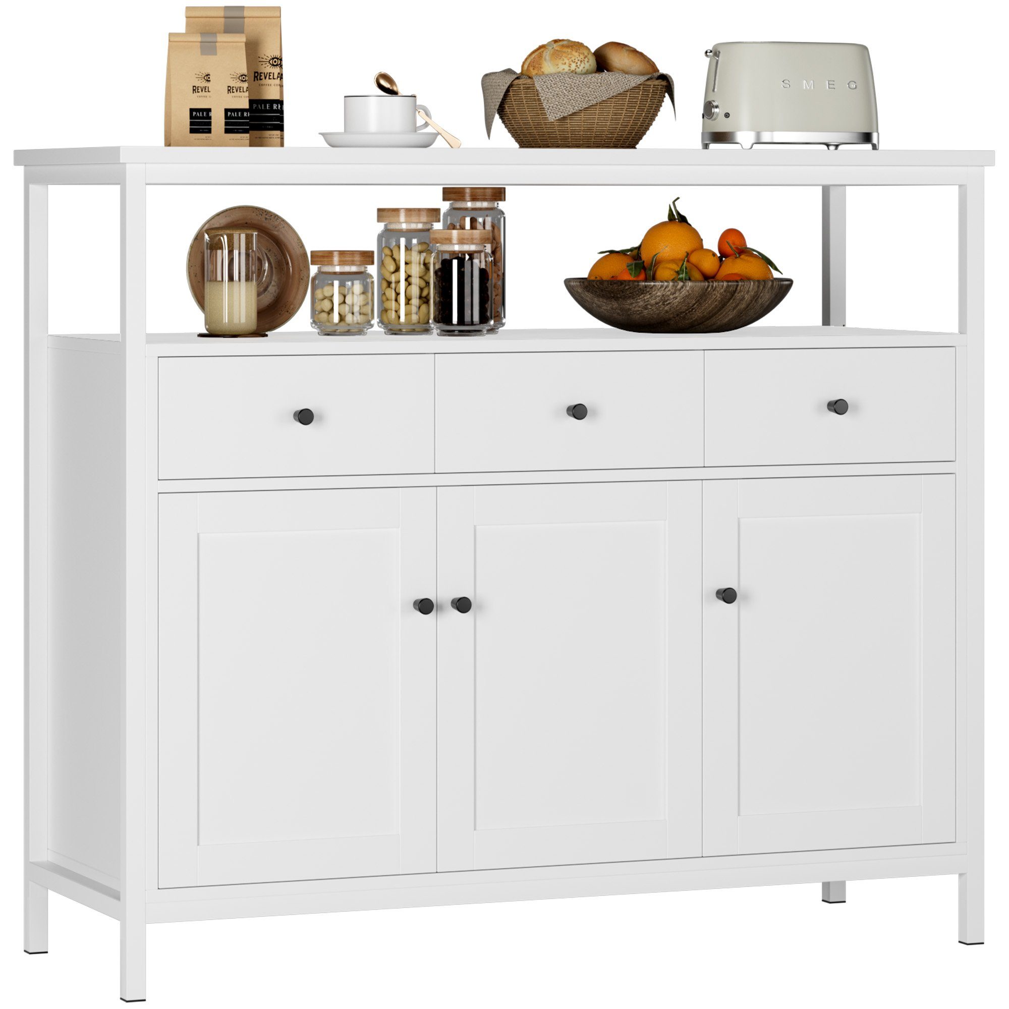 HOMCOM Sideboard Mit 3 Türen – 120x40x70 Cm – Weiß Mit Holzakzenten, Verstellbare Regale Für Wohnzimmer & Esszimmer