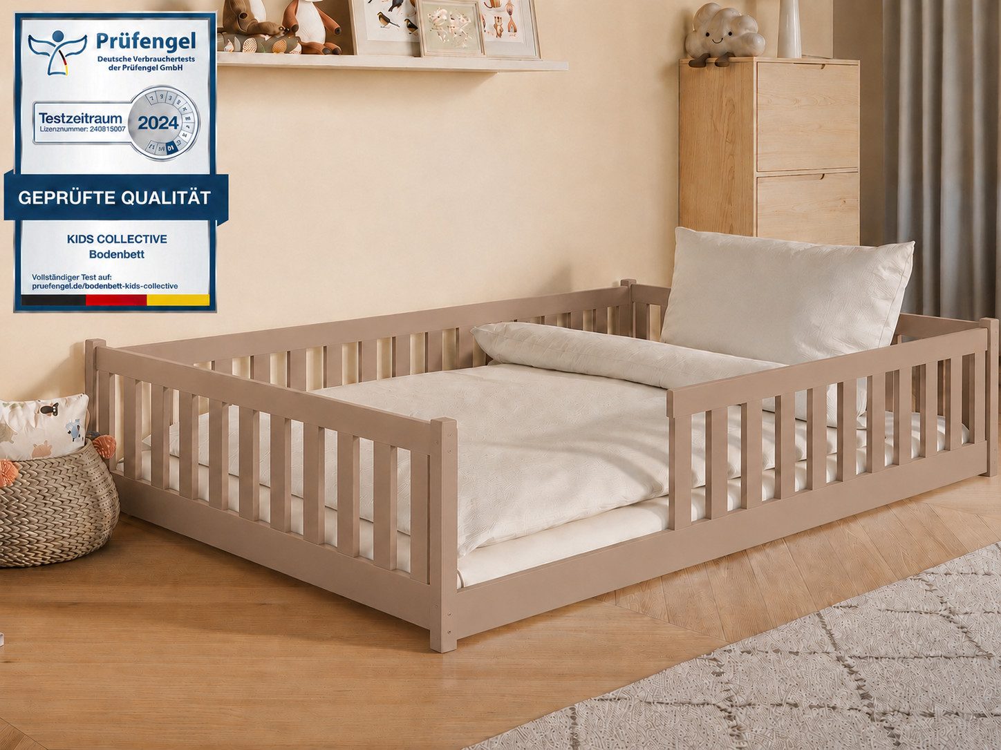 Kids Collective Kinderbett Bodenbett Bett mit Rausfallschutz & Lattenrost Montessori Bett Kinder (weitere Größen 80x160, 80x180, 90x190, 90x200, 120x200 cm), Gitterbett Jugendbett Einzelbett Milchschokolade 140x200 cm