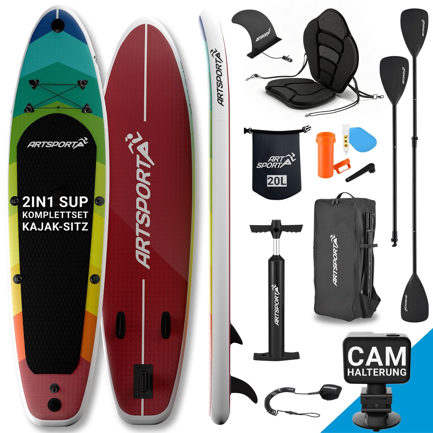 ArtSport Inflatable SUP-Board Retro Love, Stand Up Paddling Board, Ideal für Anfänger, bis 150 kg, inkl. Kajak-Set und Zubehör