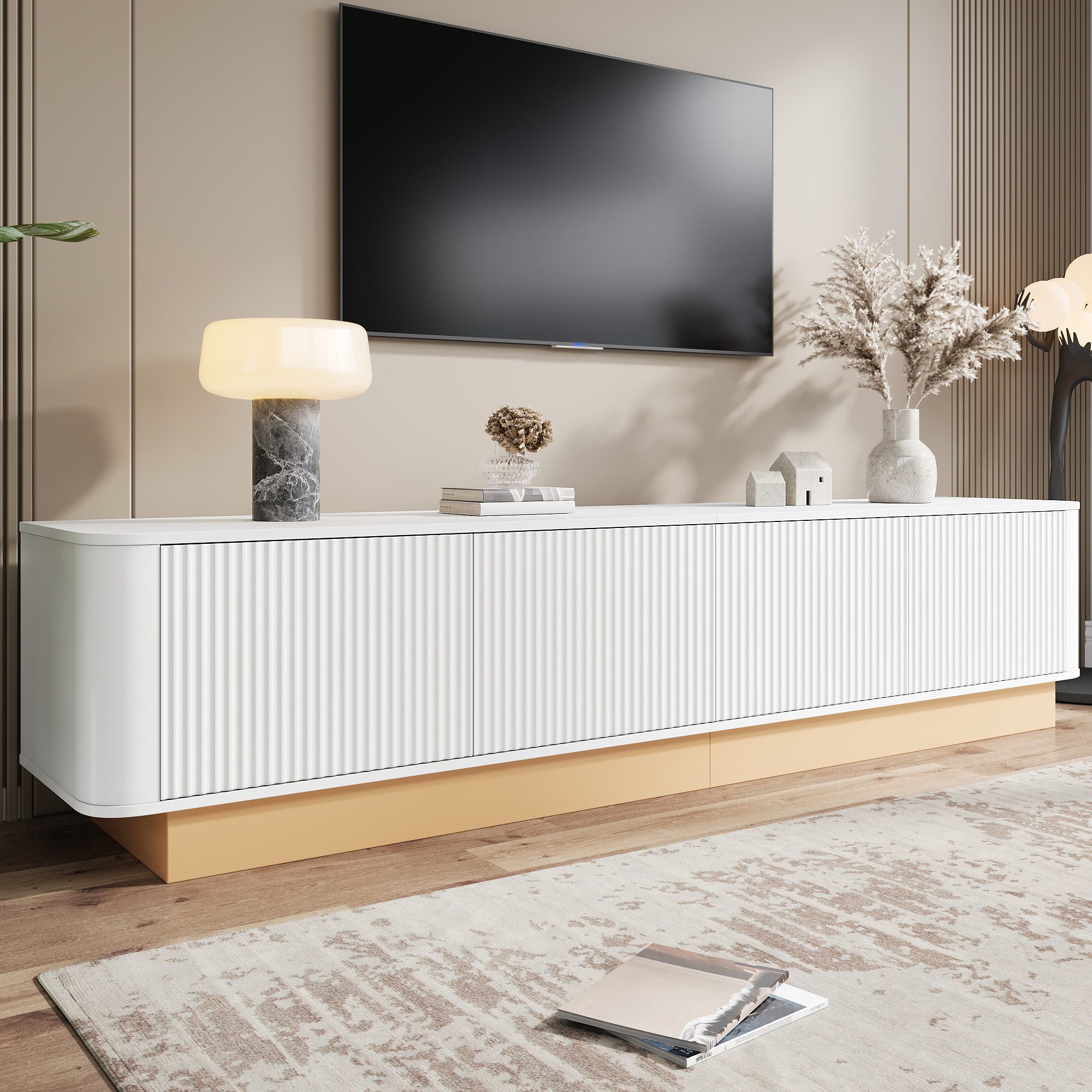 Merax Lowboard mit Rillenoptik, Fernsehtisch mit abgerundeten Ecken Design (200 x 40 x 47,5 cm (L x B x H), 1 St), TV-Schrank mit 4 Türen, höhenverstellbarer Fächer & Stauraum