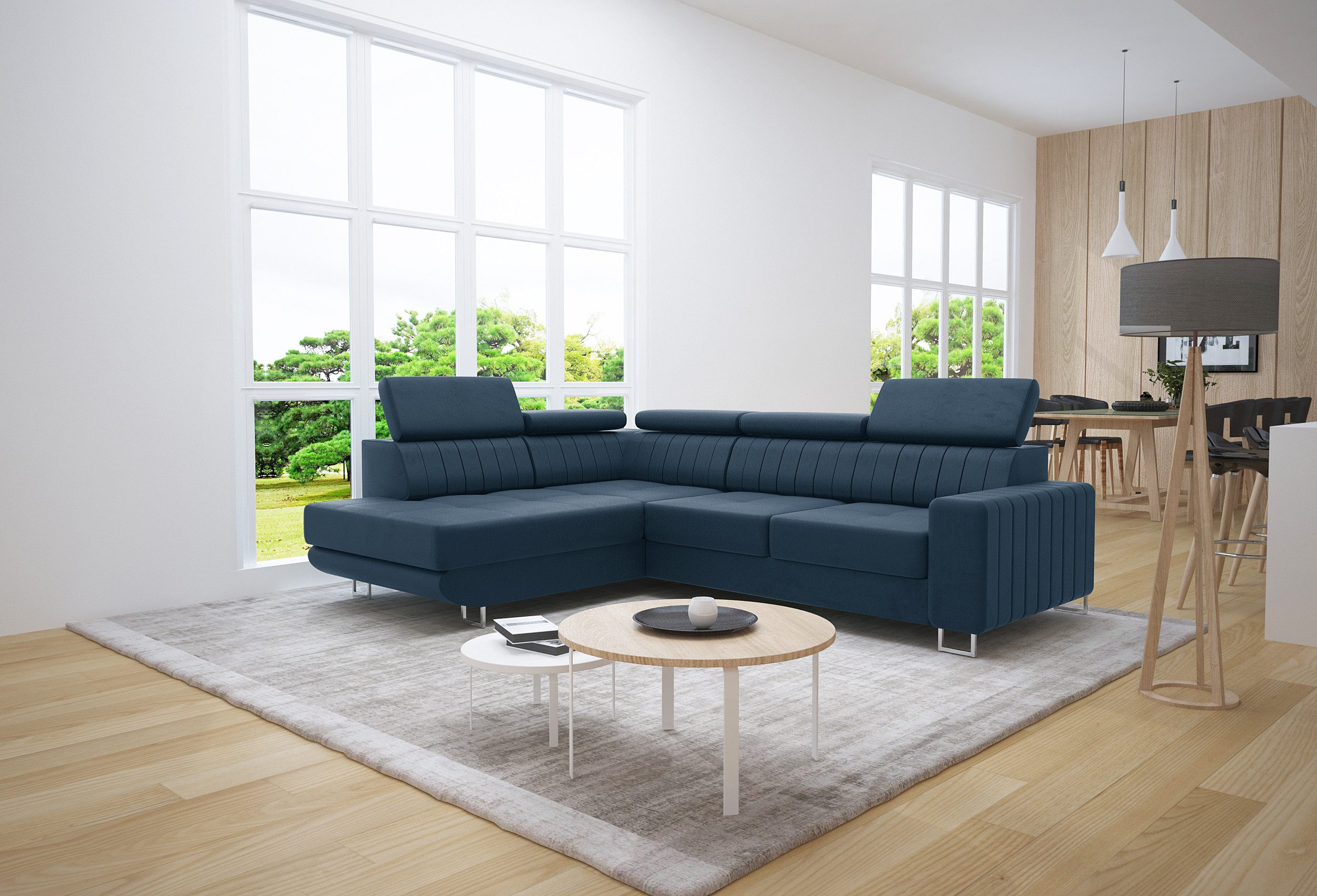 thematys Ecksofa Ecksofa mit Schlaffunktion und Bettkasten, L-Form, Samt, - mit verstellbaren Kopfstützen, – L-Form 250×183 cm – Schlafsofa mit Auszug