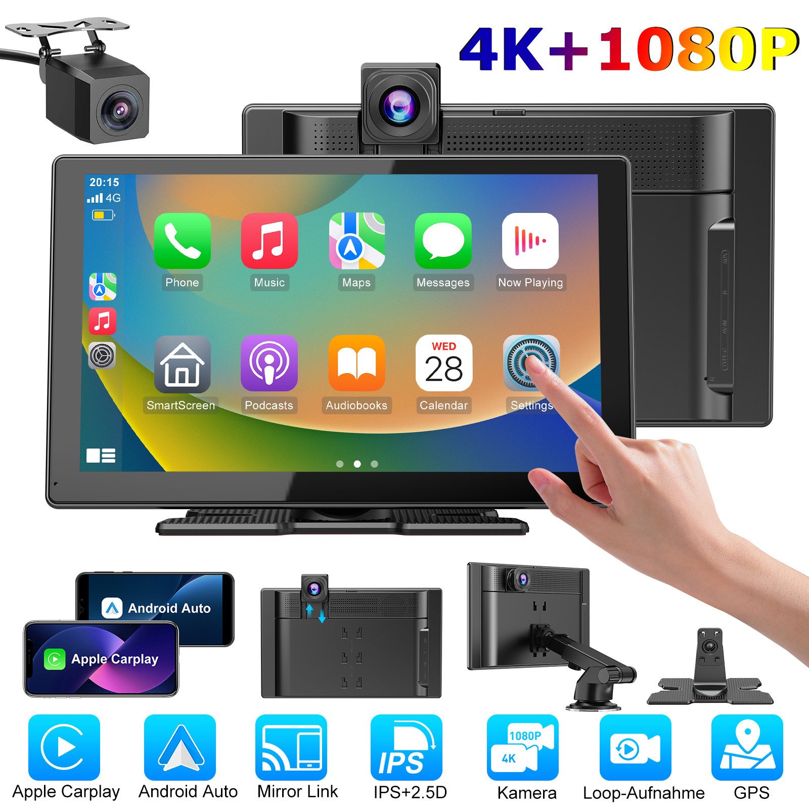 ESSGOO 9'' 4K Wireless Carplay Android Auto real 4K Dashcam Rückfahrkamera Navigationsgerät