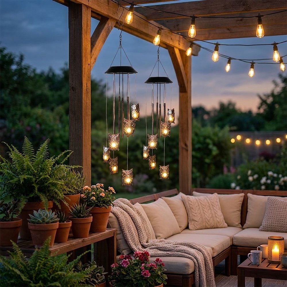 Haushalt International LED-Hängeleuchte, LED-Leuchtmittel fest verbaut, Warmweiß, 2x LED Solarleuchte Windspiel Hängelampe Klangstäbe Garten Eule