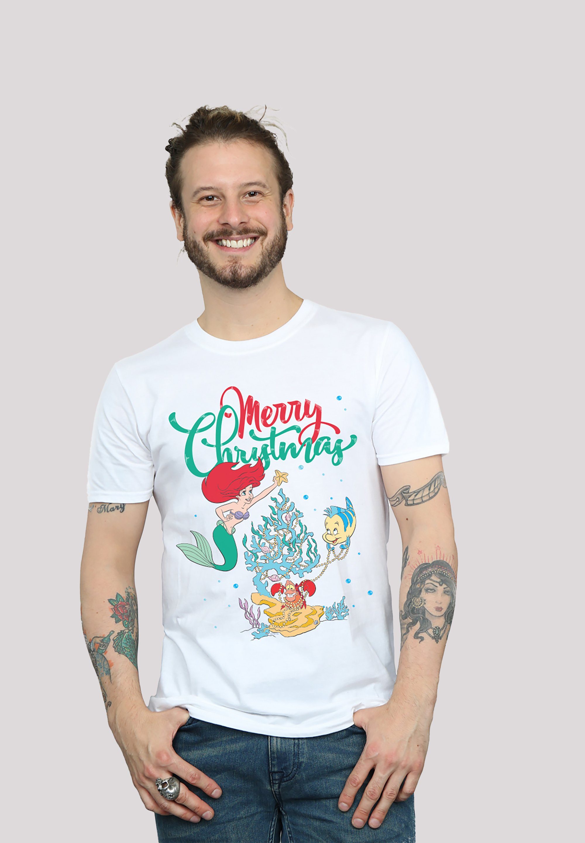 Doppelnähte und Saum die Print, am F4NT4STIC Hals Arielle Meerjungfrau T-Shirt Rippbündchen Weihnachten am