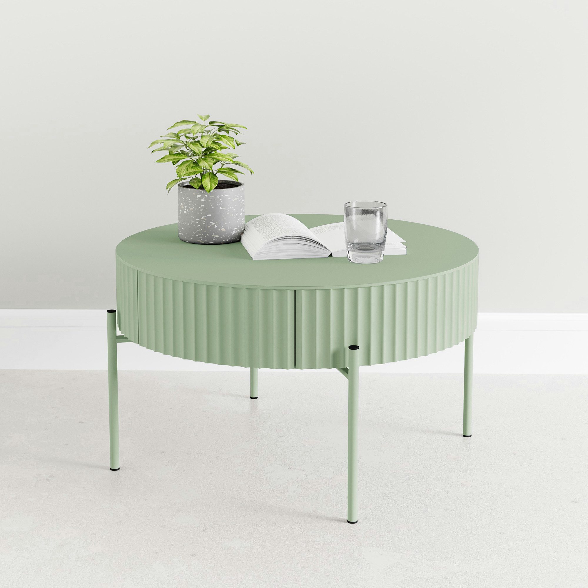 en.casa Couchtisch, »Rill« mit Schublade rund Metallbeine 36 x Ø60 cm Mintgrün