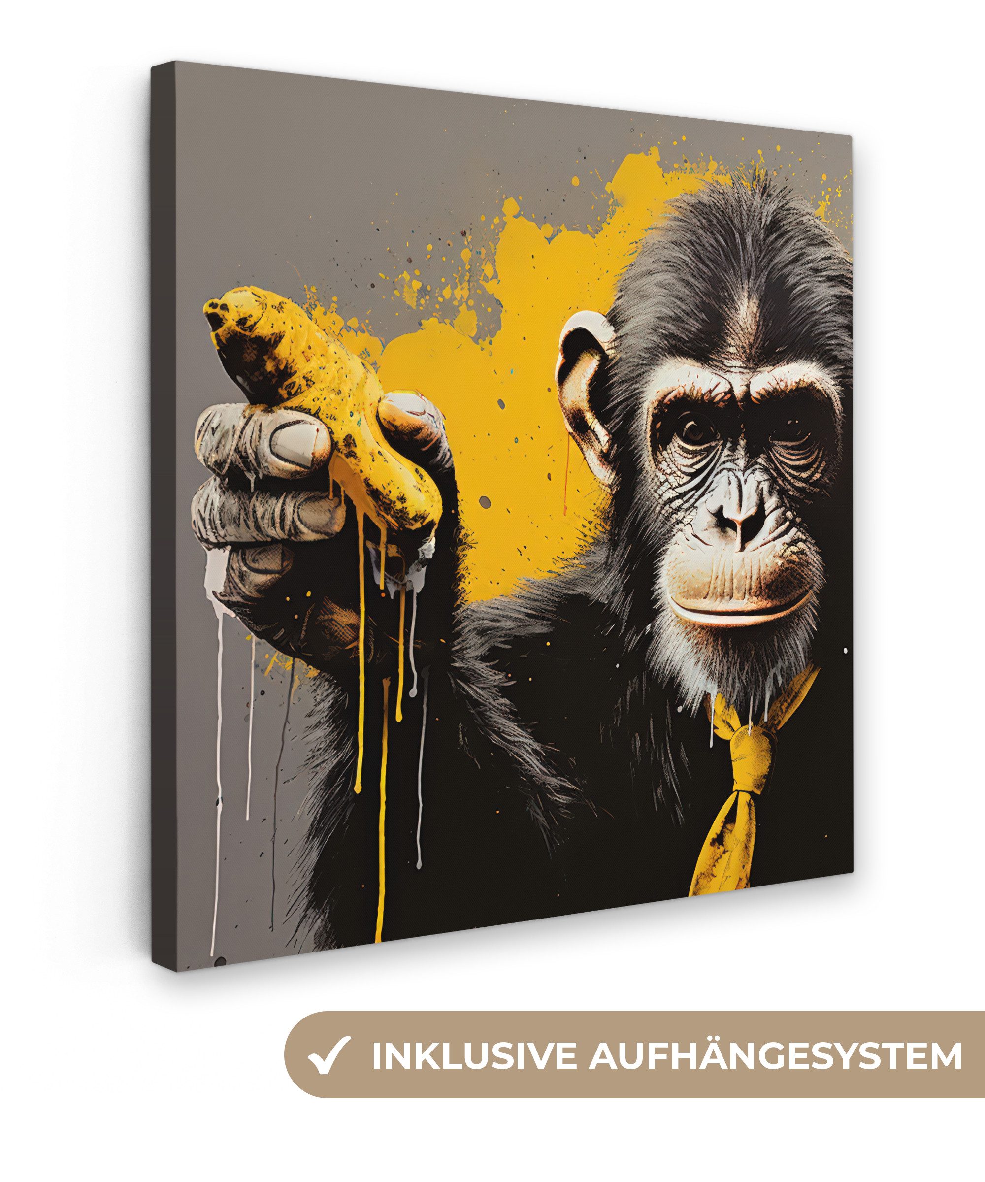 OneMillionCanvasses® Leinwandbild Affe - Schimpanse - Banane - Gelb - Tiere - Krawatte, Fotodruck (1 St), Wandbild, Deko Schlafzimmer Wohnzimmer Flur 20x20 cm