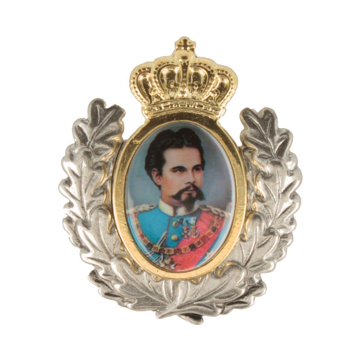 Breiter Anstecknadel, Hutanstecker König Ludwig II. mit goldenem Einsatz und Ehrenkranz