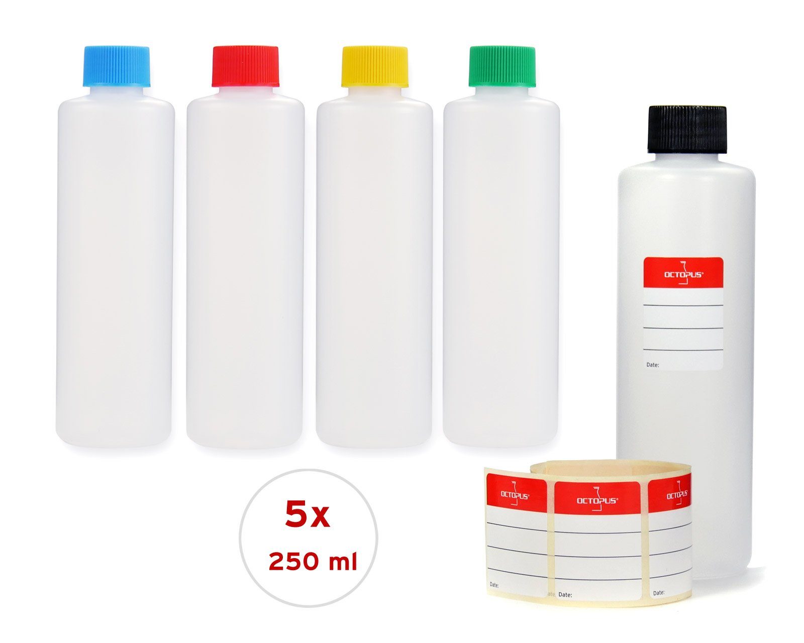 OCTOPUS Kanister 5 Plastikflaschen 250ml, rund mit bunten Deckeln (5 St)