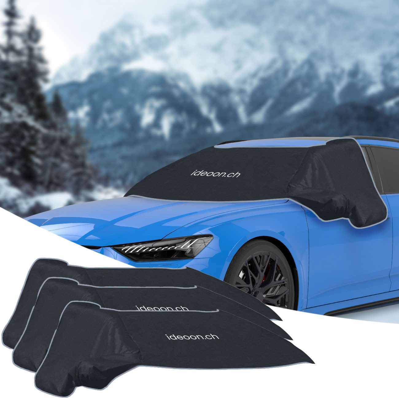 shop'n smile ideoon Frontscheibenabdeckung Windschutz Autoscheibenabdeckung 270x94cm Magnetbefestigung Eis&Schnee, (3-St), 12 Magneten, Seitenflügel, wetterfestes PP-Material