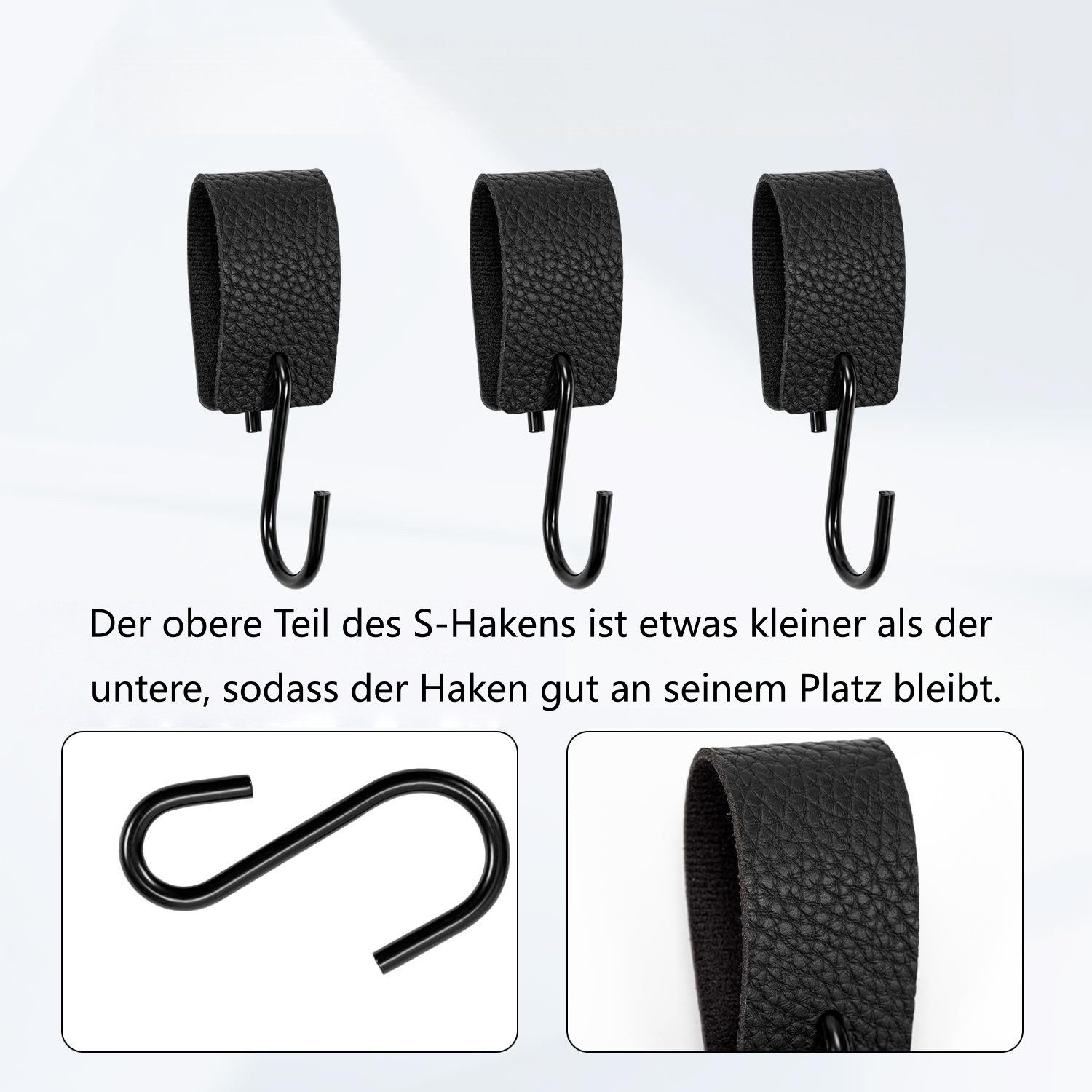 FOUORTUNATE-BEE Wandhaken 10er Set S-Haken Schwarz mit Lederband, Vielseitige Aufhängehaken, Haken für Küche, Bad, Wohnzimmer, Outdoor & Camping – Bild 5 von 5
