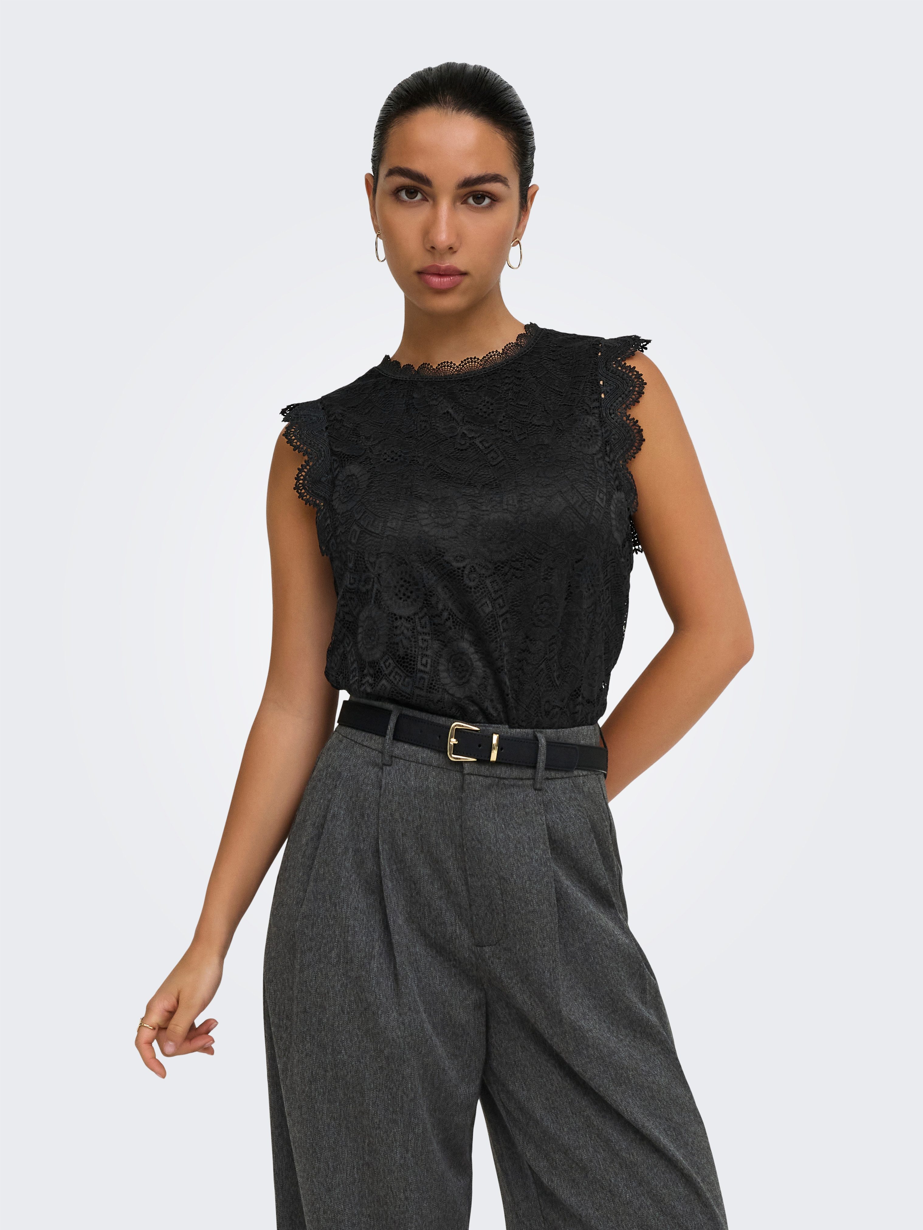 ONLY Spitzentop ONLSINE S/L LACE TOP CS JRS Materialmix, regular fit, Rundhals