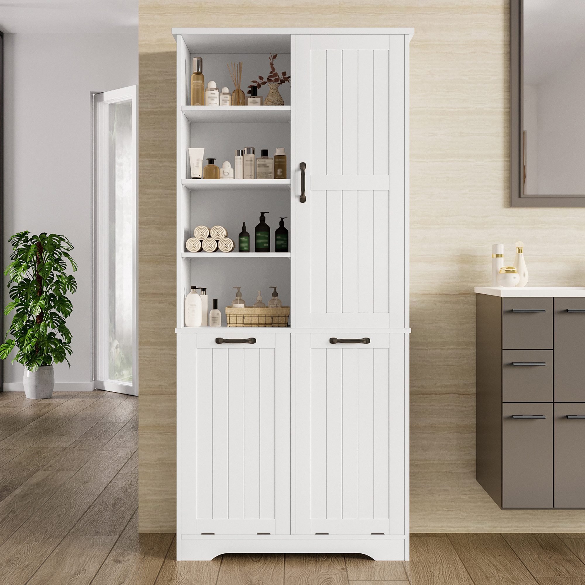REDOM Hochschrank Badezimmerschrank (mit Feuchtigkeitsbeständigem Lack, Doppeltem Wäschekorb, Verstellbaren Regalen & Viel Stauraum)