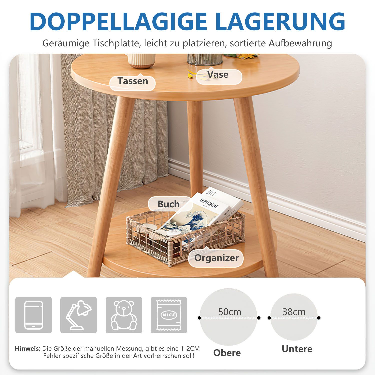 HEYHIPPO Beistelltisch Warmweißer doppelschichtiger Couchtisch aus Holz kleiner Beistelltisch (Ein Tisch, Rutschfest, nur 0,28 m² Fläche, stabile Dreiecksstrukt – Bild 4 von 5
