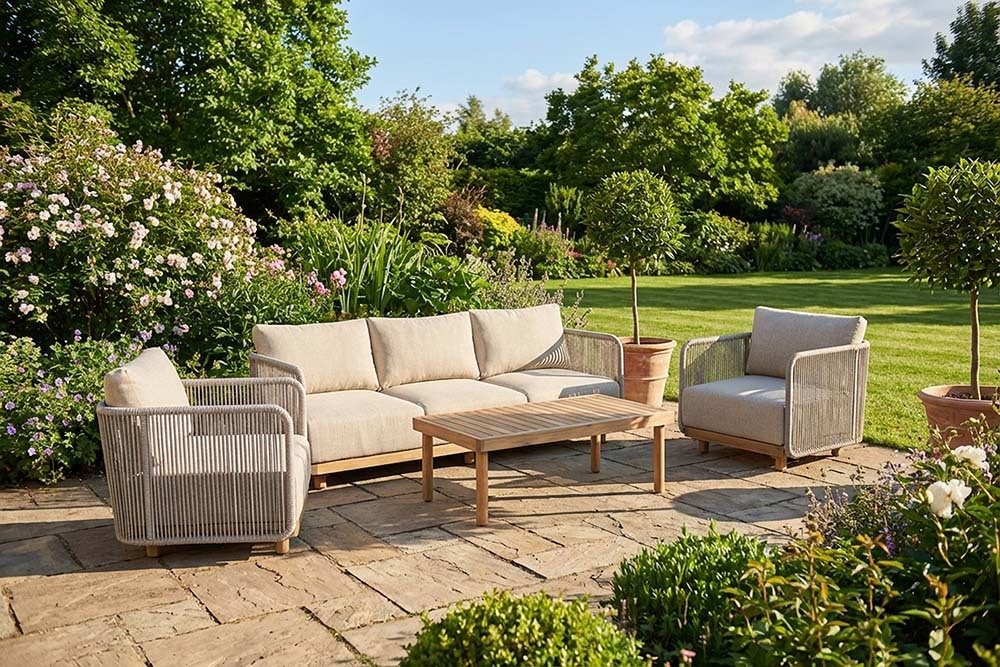 riess-ambiente Gartenlounge-Set ROPE 220cm hellgrau/natur - Akazie, wetterfest, inkl. Tisch & Kissen, (Set, 4-tlg), Gartenmöbelset - ideal f. gesellige Sommerabende m. Familie & Freunden