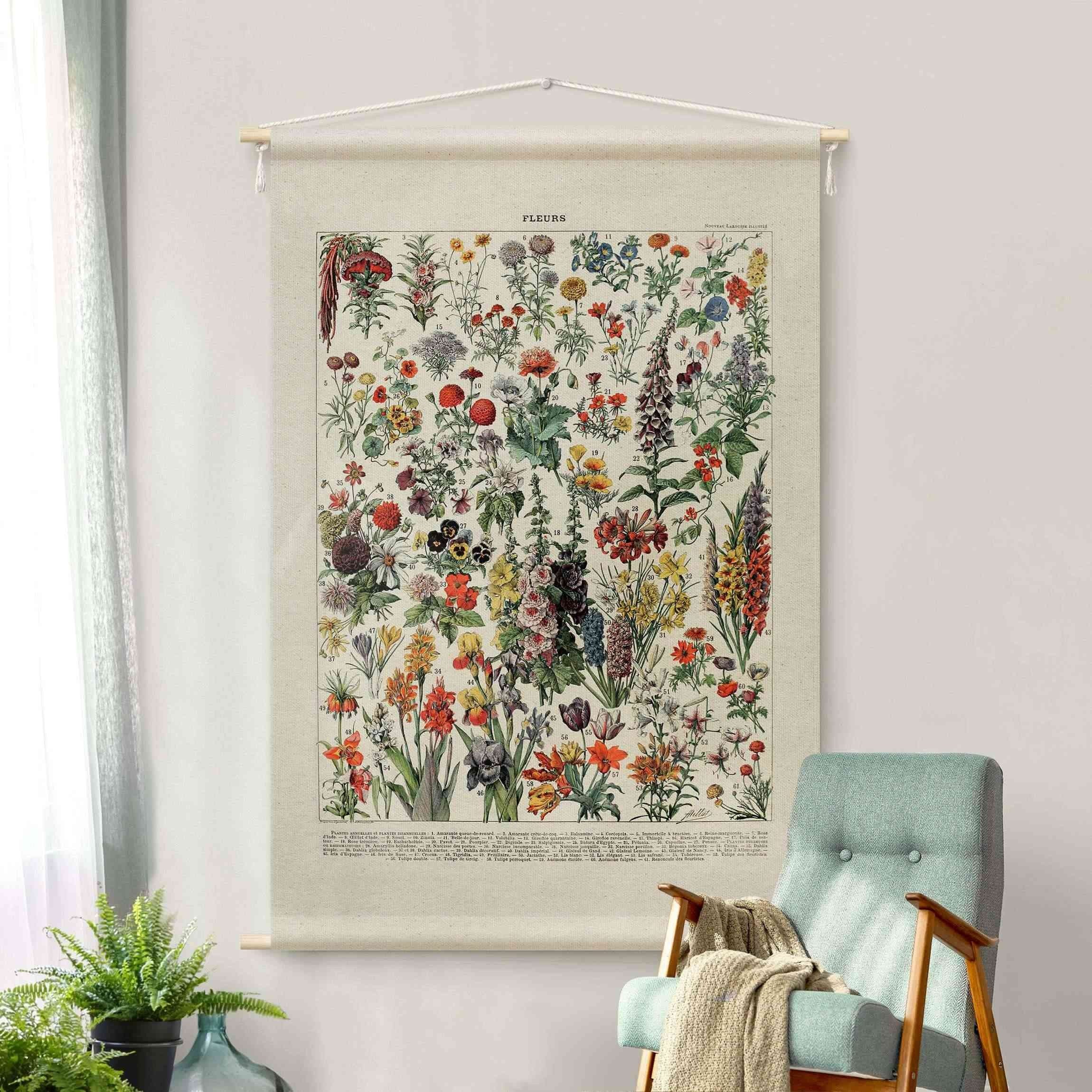 Bilderdepot24 Wandteppich modern Blumen Vintage Schautafeln bunt, rechteckig, Höhe: 2.6 mm, großes Wandbild aus Natur-Baumwolle Wandbehang Stoffbild Tuch Wollseil