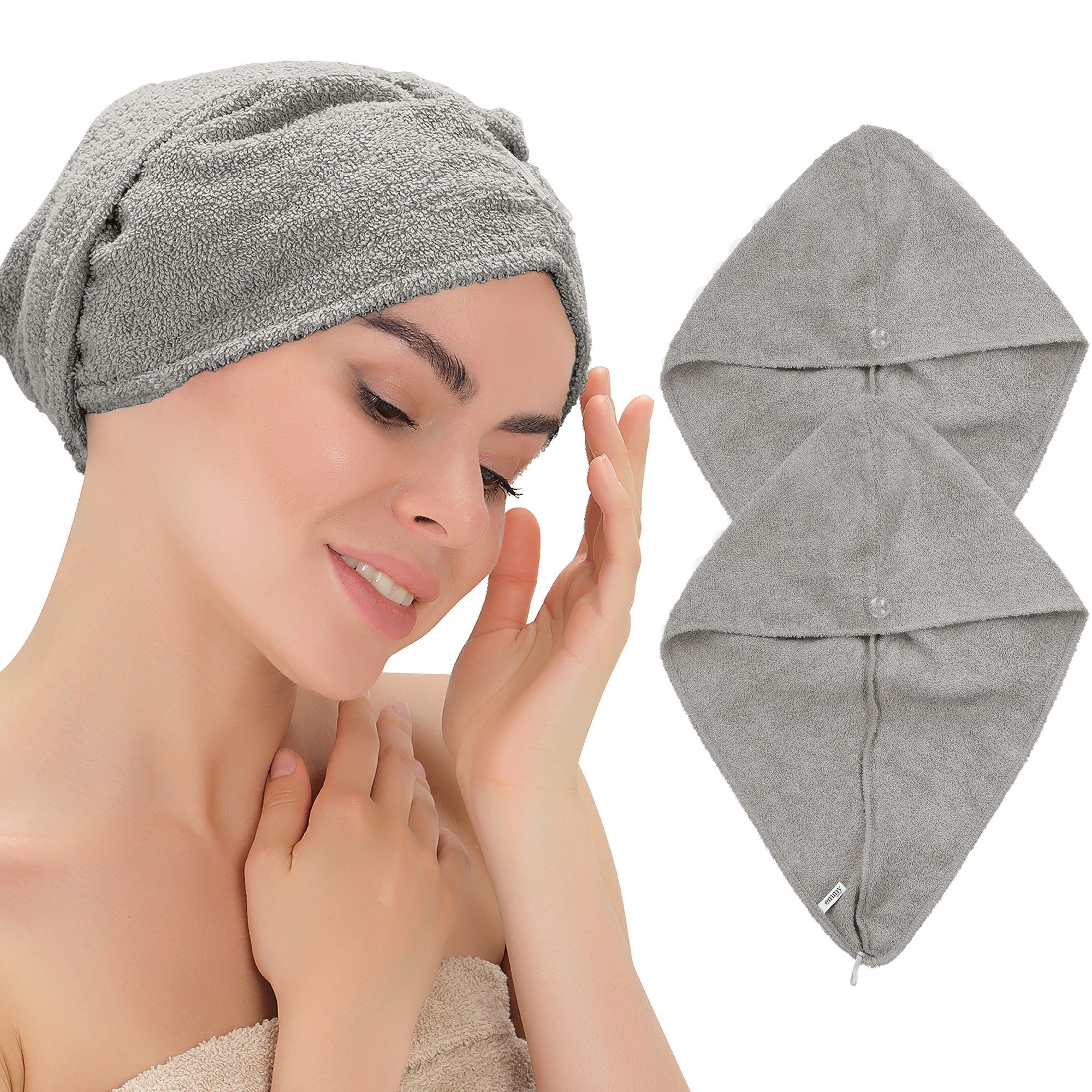 Emmy Home Turban-Handtuch Haarturban, 100% Baumwolle (2-St), mit knopf Grau